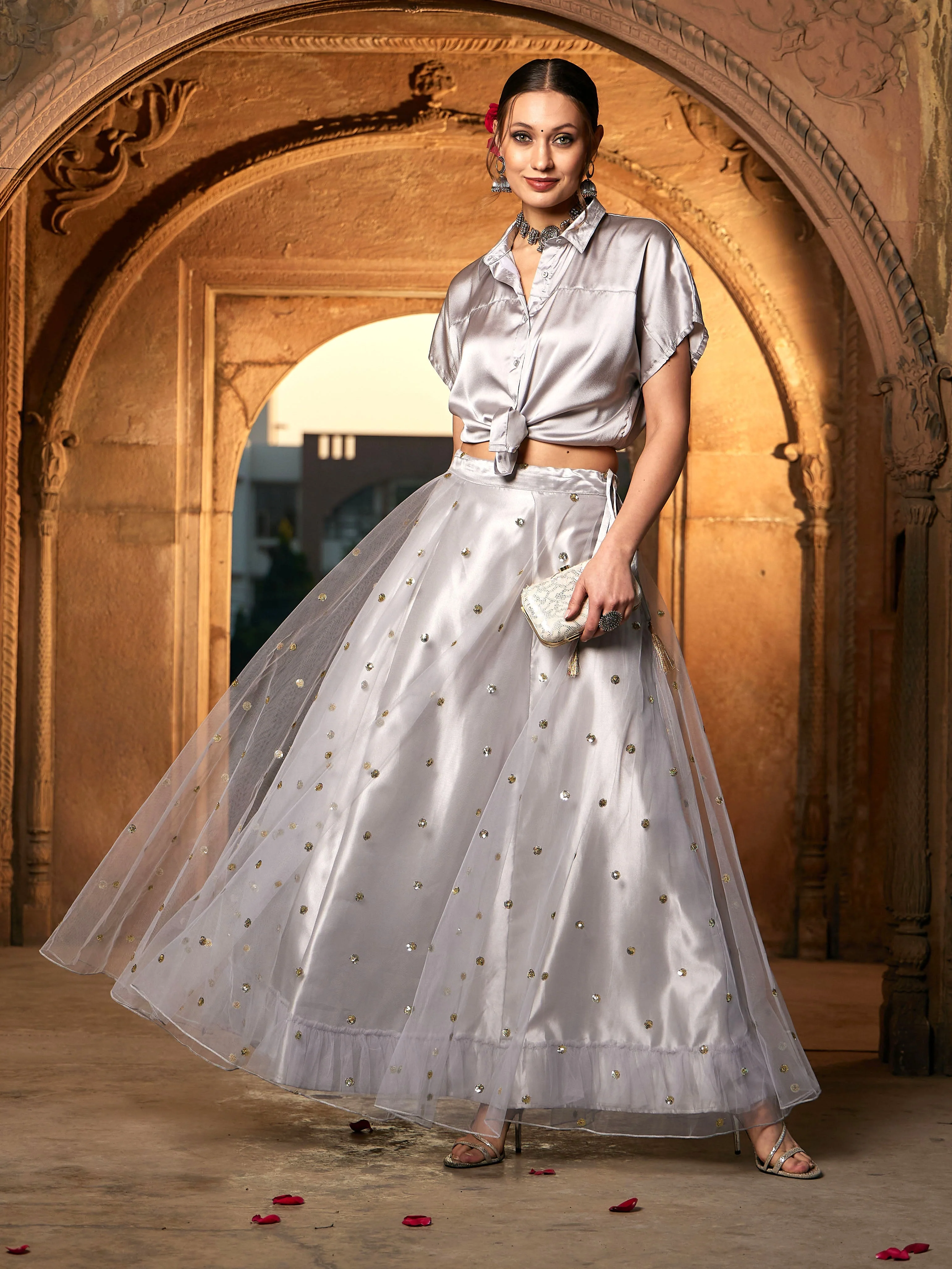 Women Grey Satin Tie Knot Crop Shirt - Image 2