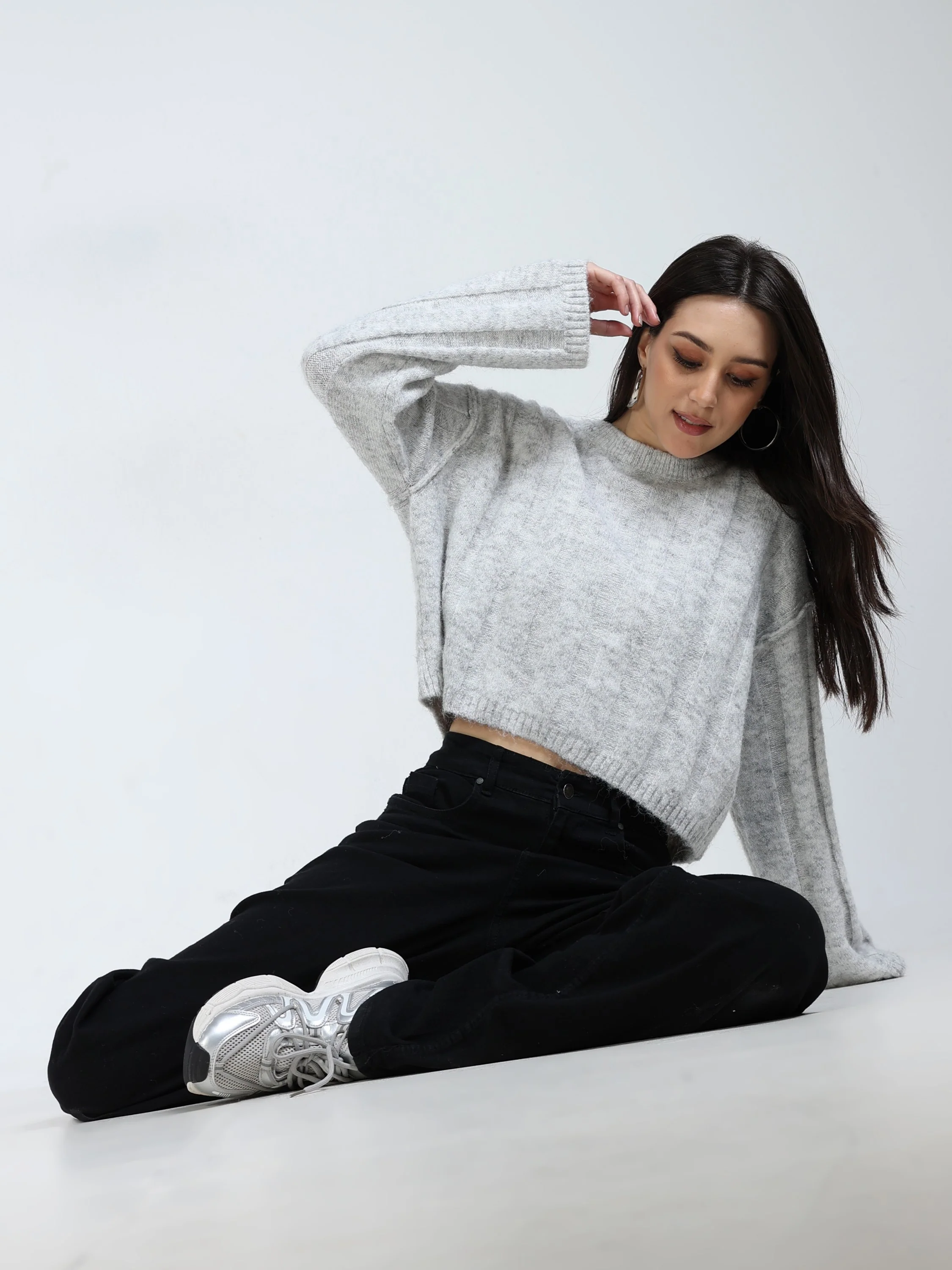 Women Grey Drop Shoulder Sweater - Image 6