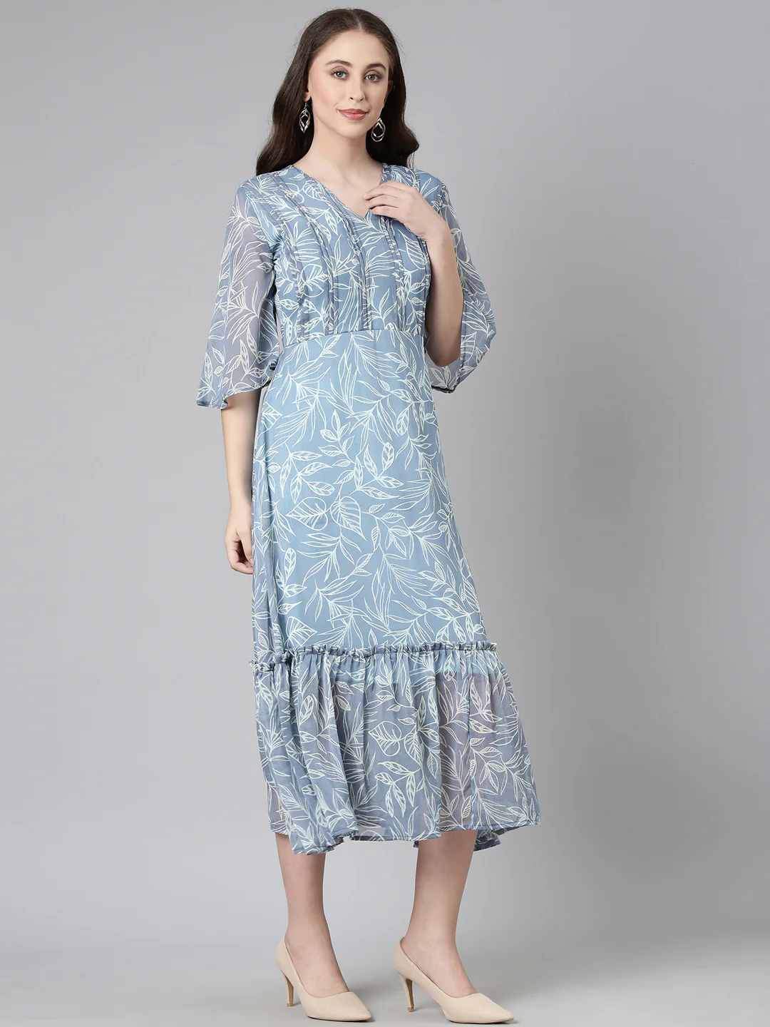 Women Grey Floral Chiffon Dress - Image 10