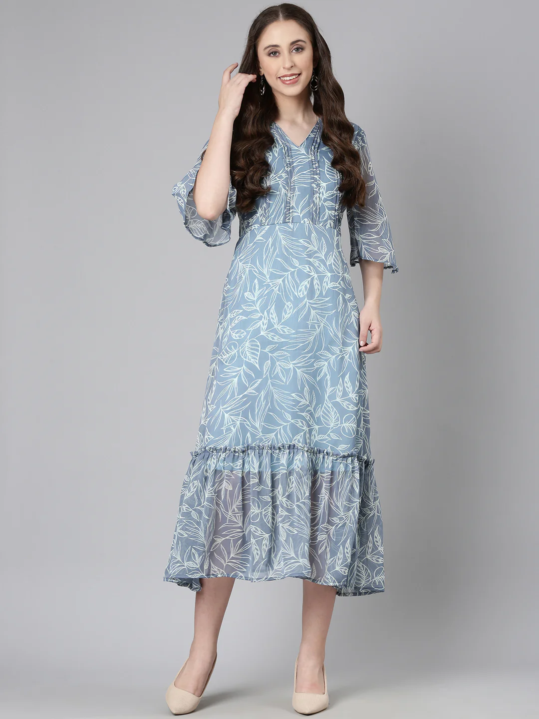 Women Grey Floral Chiffon Dress - Image 11