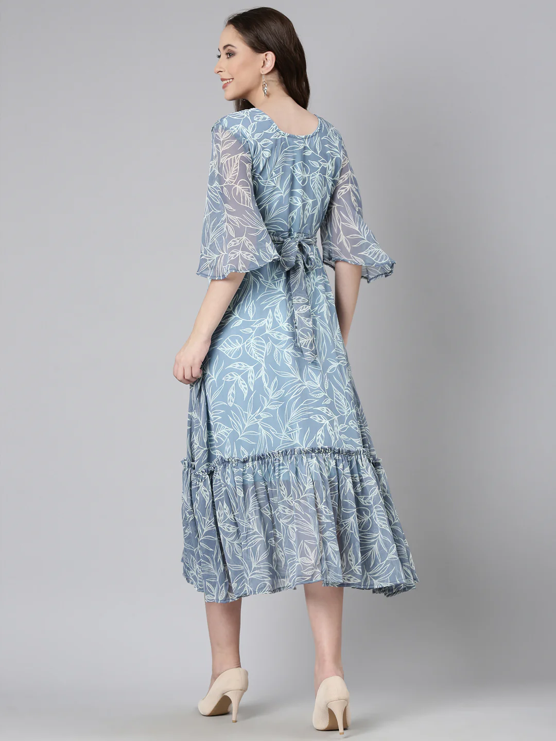 Women Grey Floral Chiffon Dress - Image 2