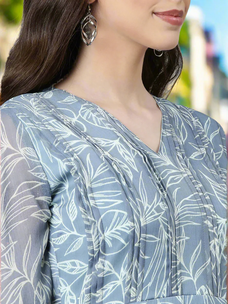 Women Grey Floral Chiffon Dress - Image 3