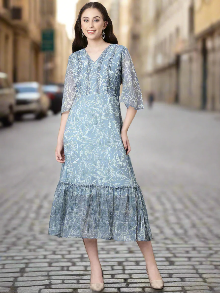 Women Grey Floral Chiffon Dress - Image 4