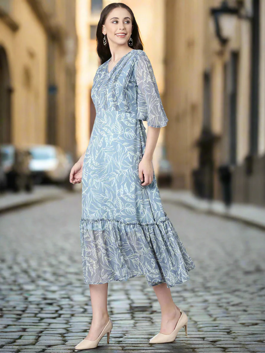 Women Grey Floral Chiffon Dress - Image 5