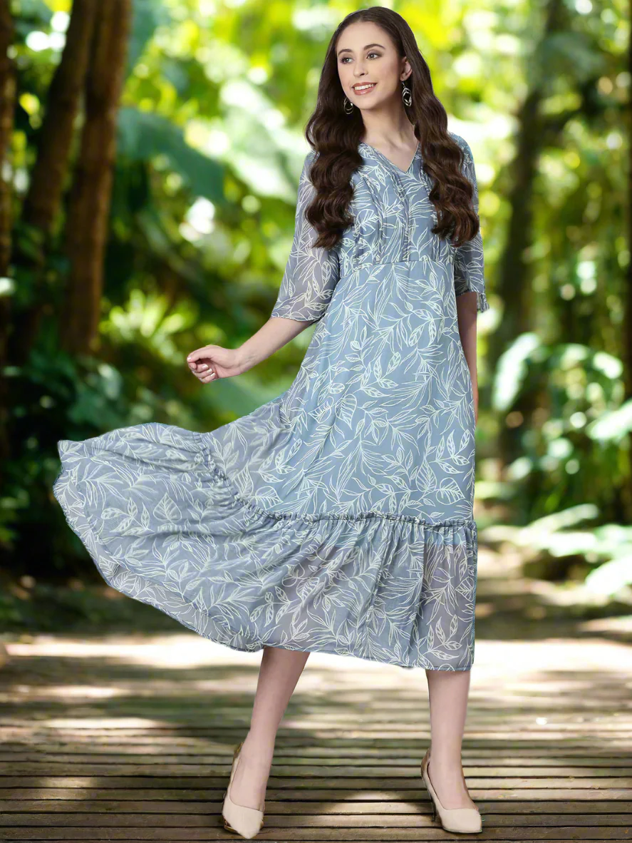 Women Grey Floral Chiffon Dress - Image 6