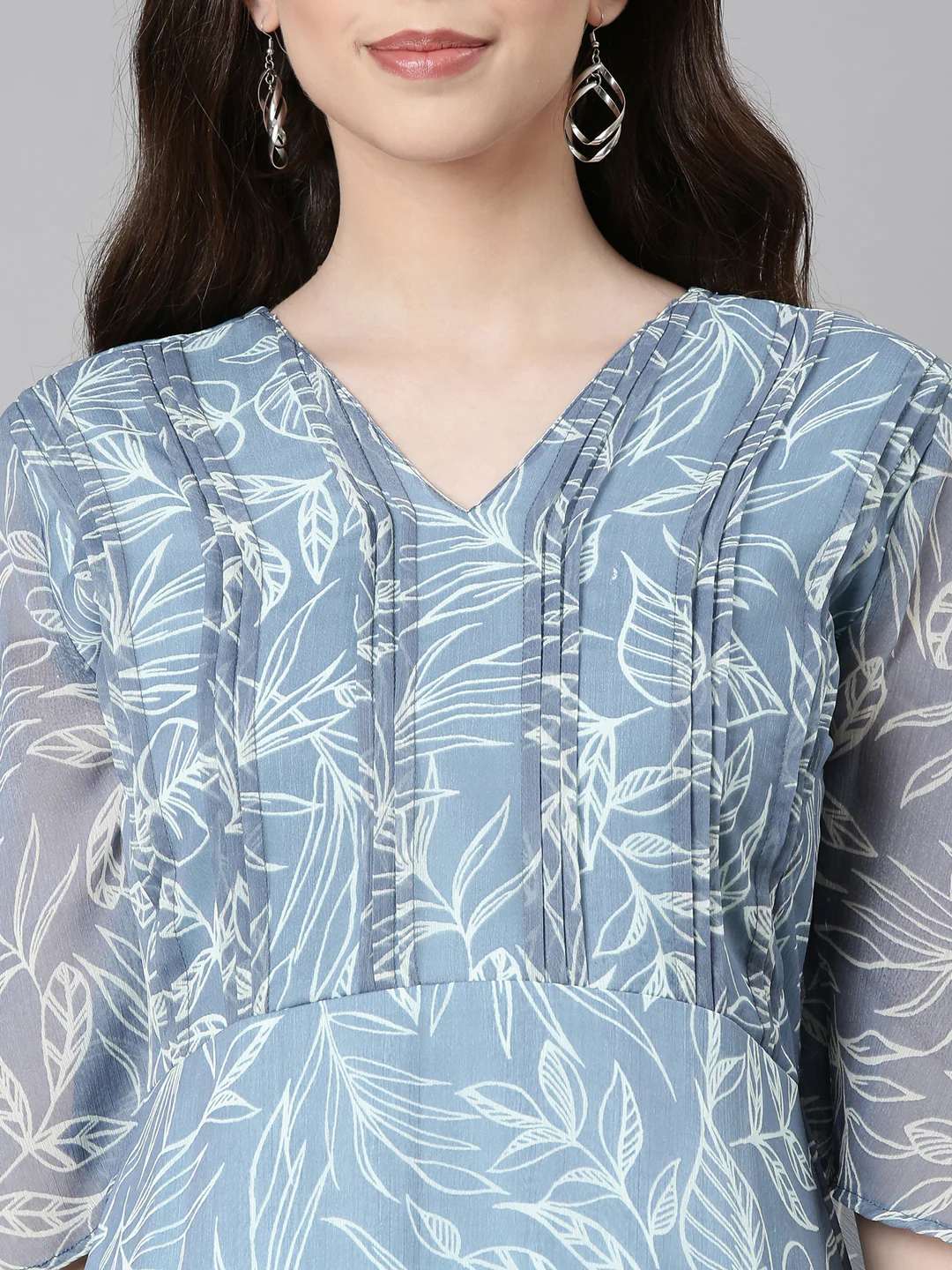 Women Grey Floral Chiffon Dress - Image 7