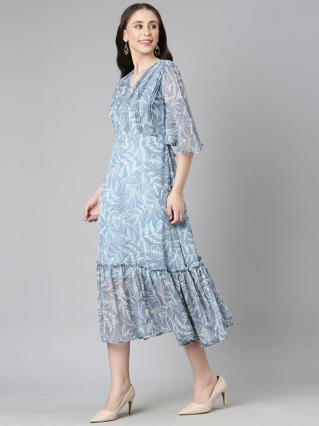 Women Grey Floral Chiffon Dress - Image 9