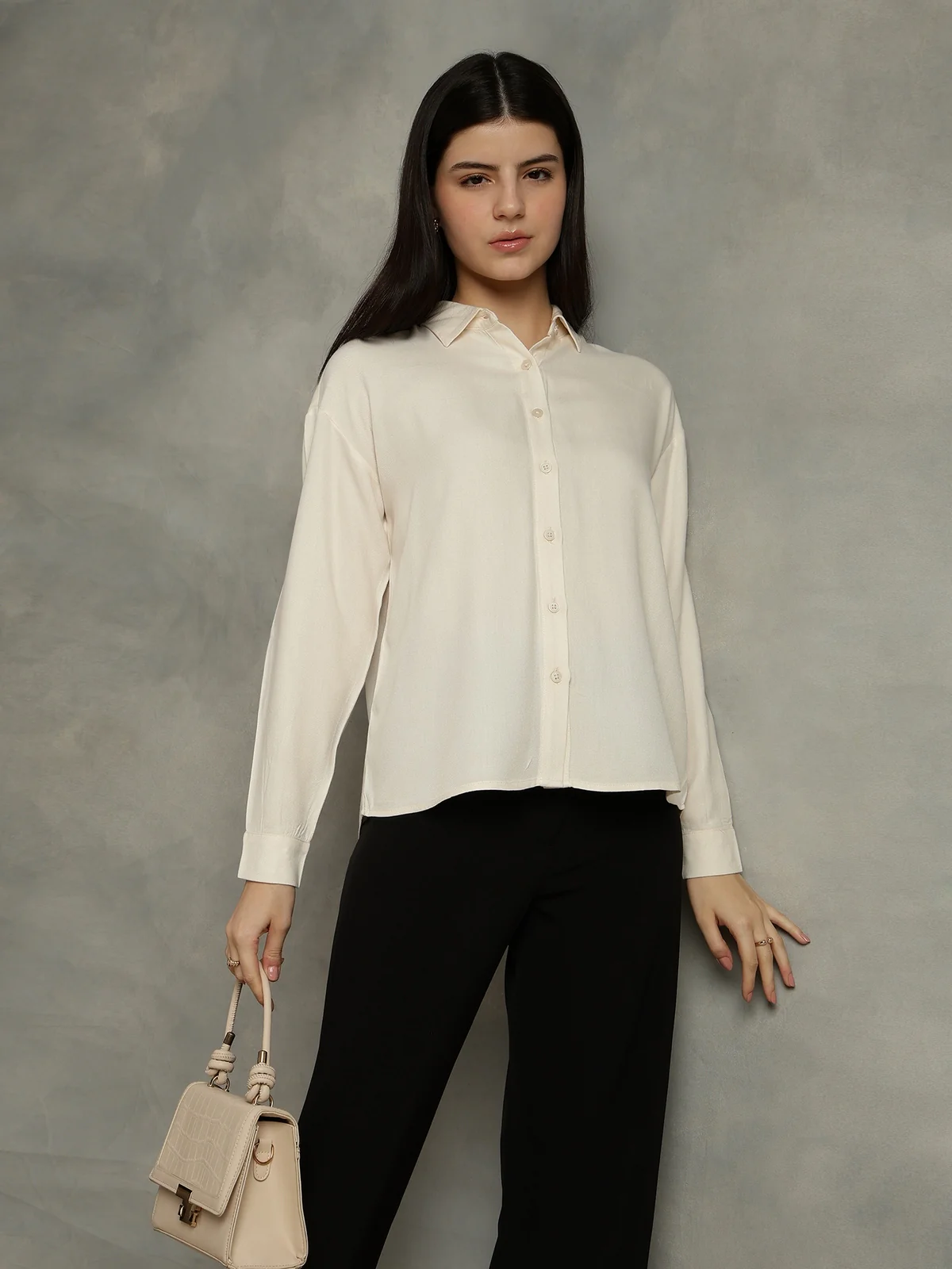 Women Grey Spread Collar Long Sleeves Shirts - Image 2