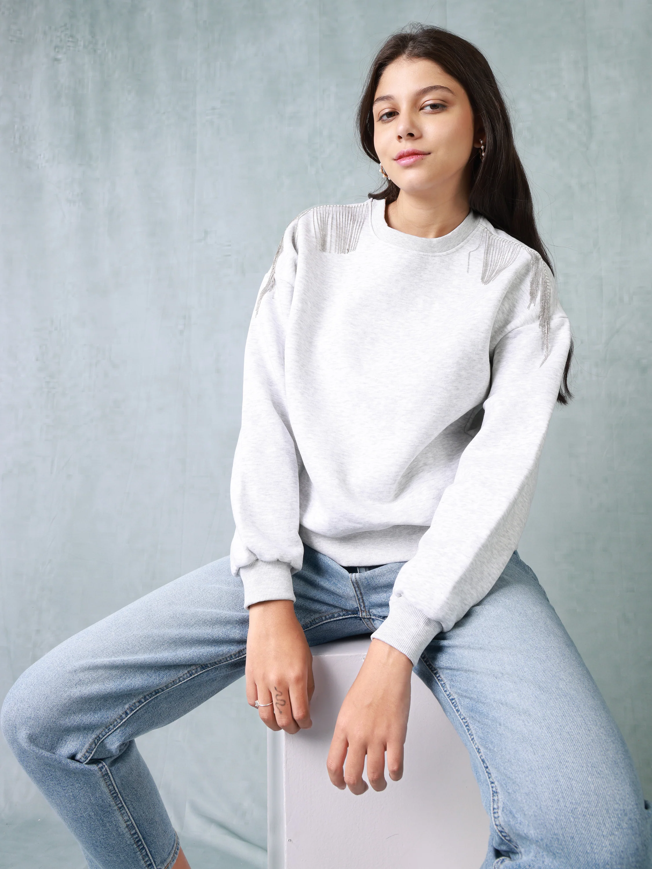 Women Grey Sweatshirt with Embellished Shoulder - Image 2