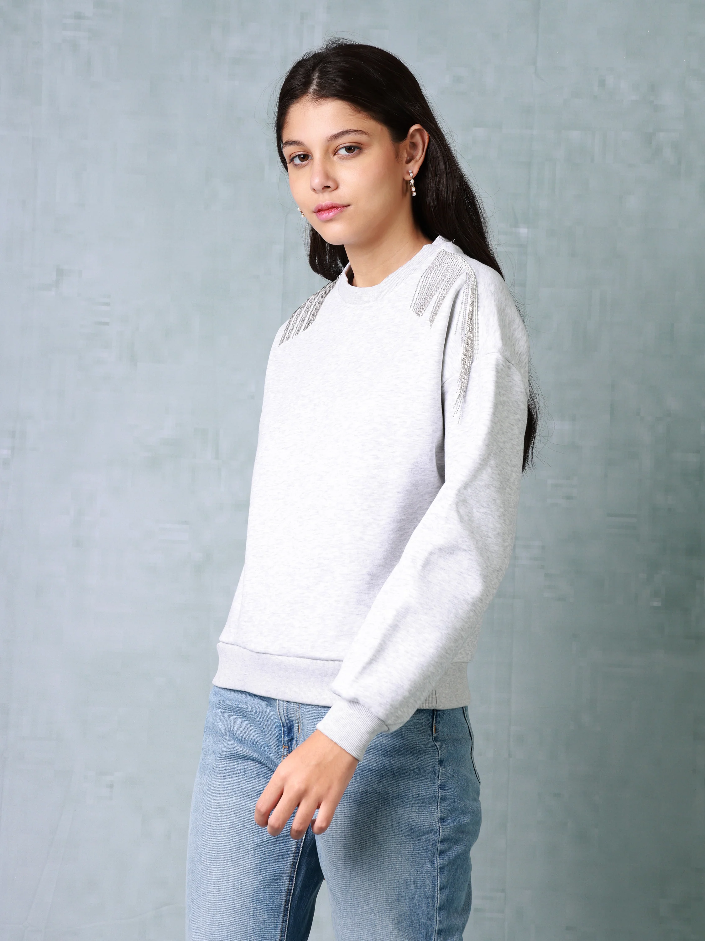 Women Grey Sweatshirt with Embellished Shoulder - Image 3