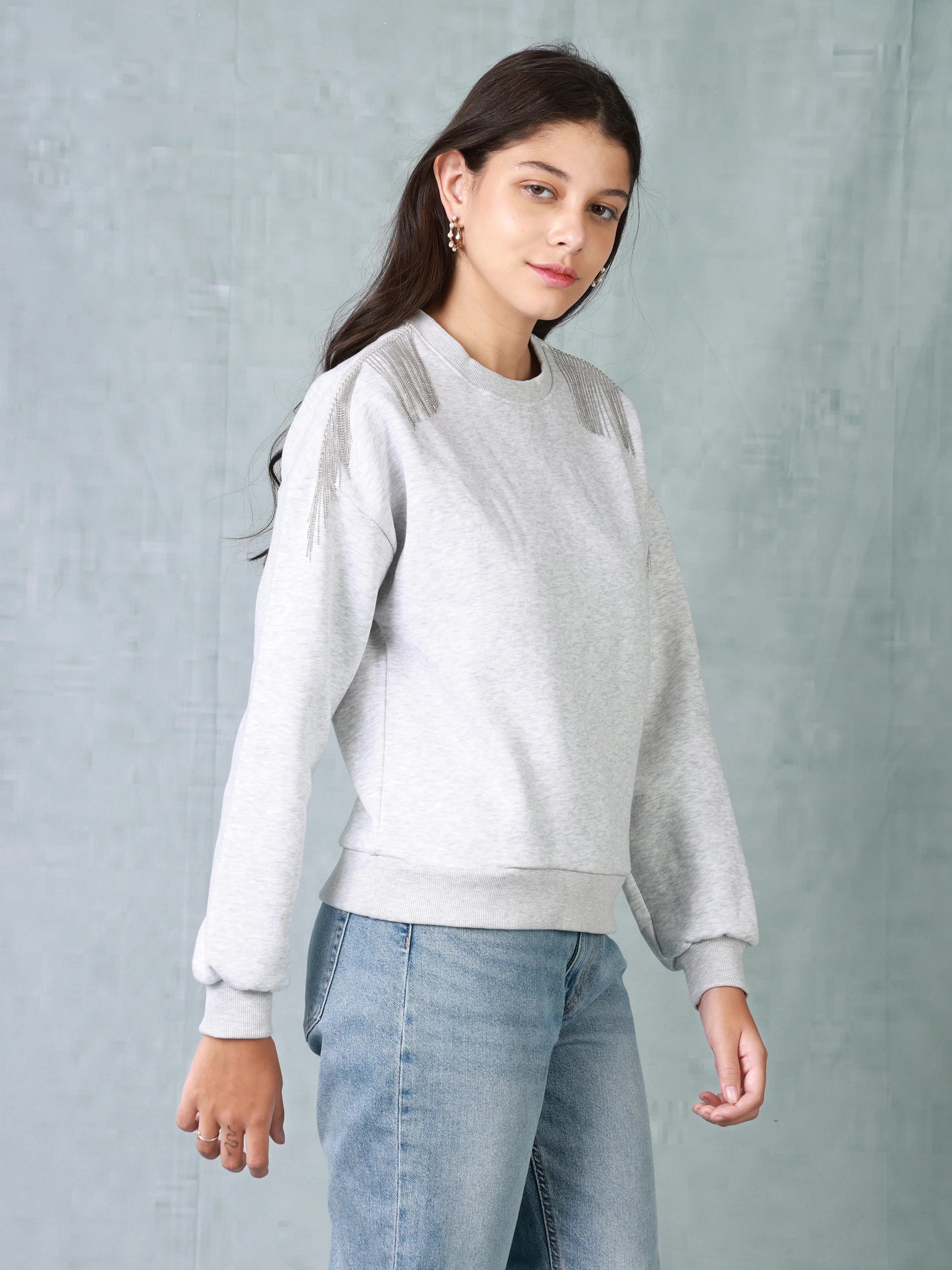 Women Grey Sweatshirt with Embellished Shoulder - Image 5