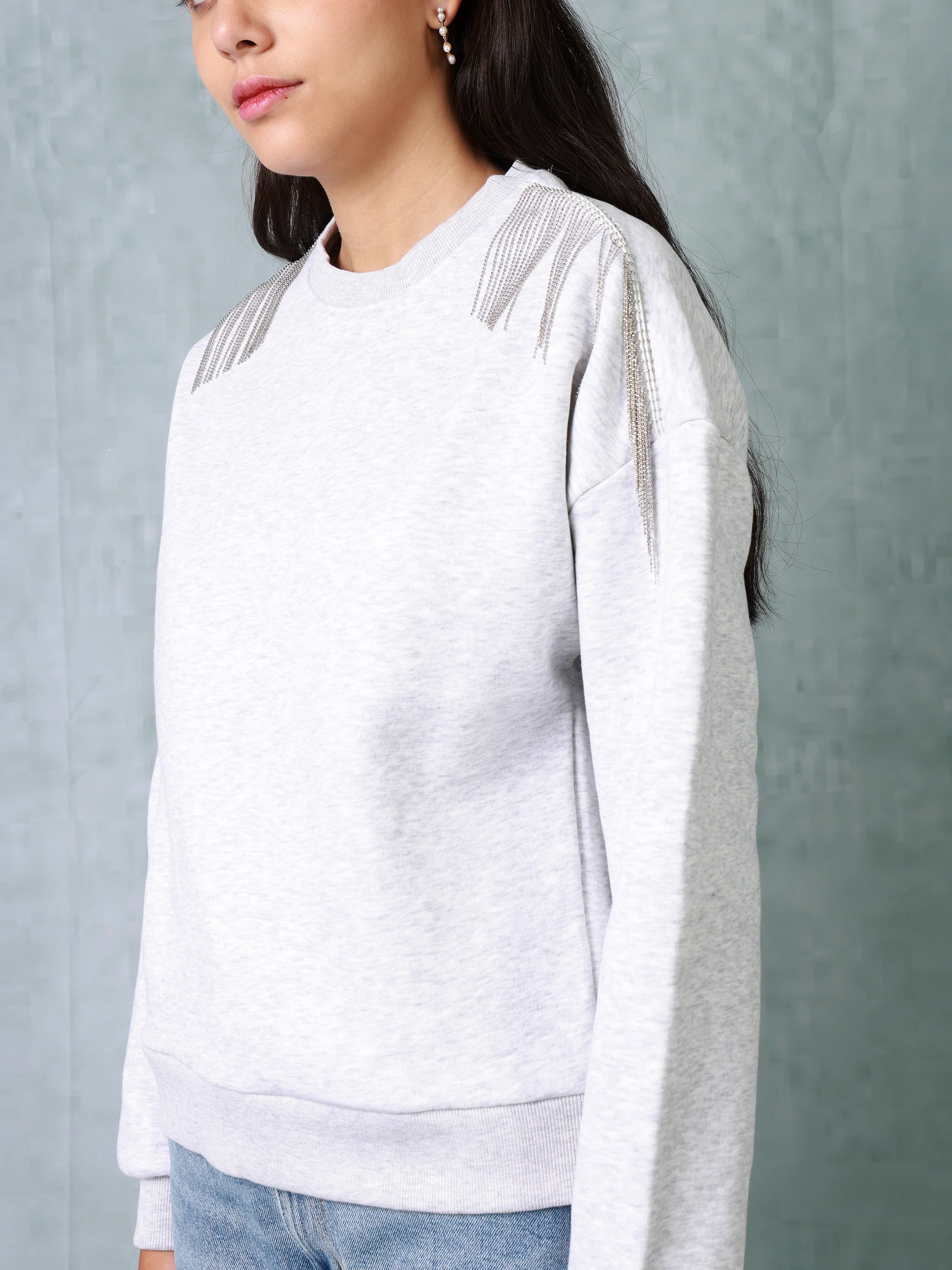 Women Grey Sweatshirt with Embellished Shoulder - Image 6