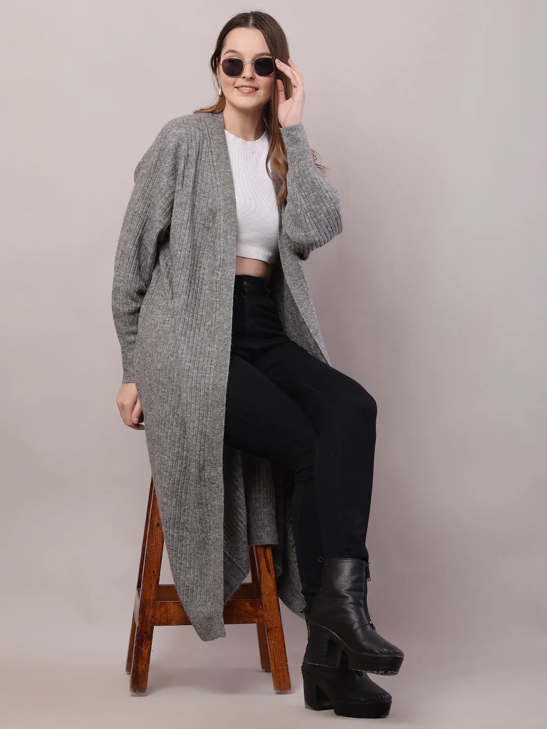 Women Grey Viscose Front Open Long-Line Shrug - Image 2
