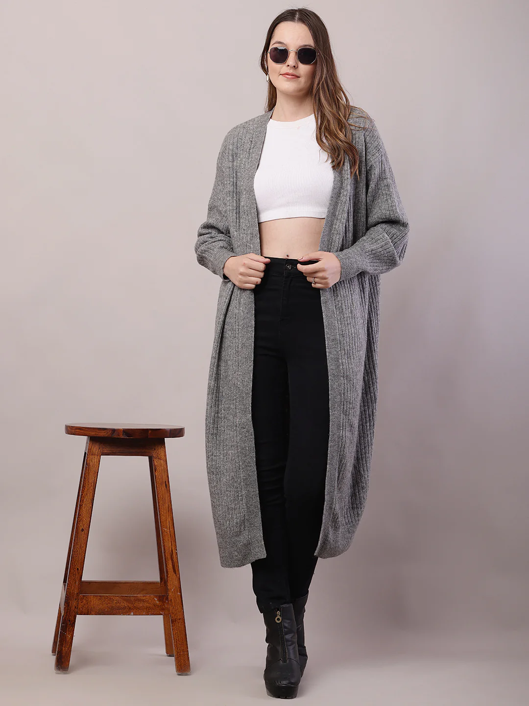 Women Grey Viscose Front Open Long-Line Shrug - Image 3