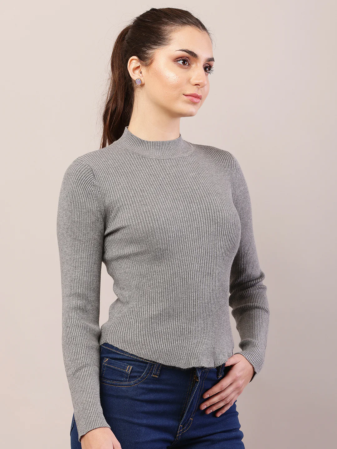 Women grey viscose turtle neck ribbed sweater - Image 2