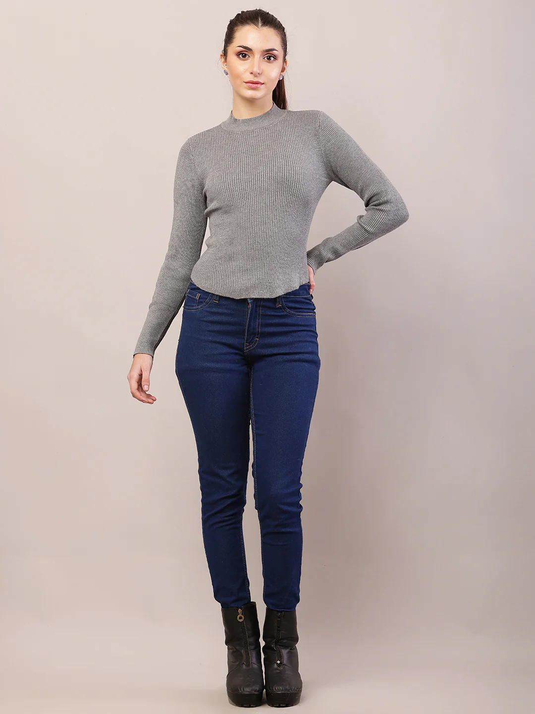 Women grey viscose turtle neck ribbed sweater - Image 3