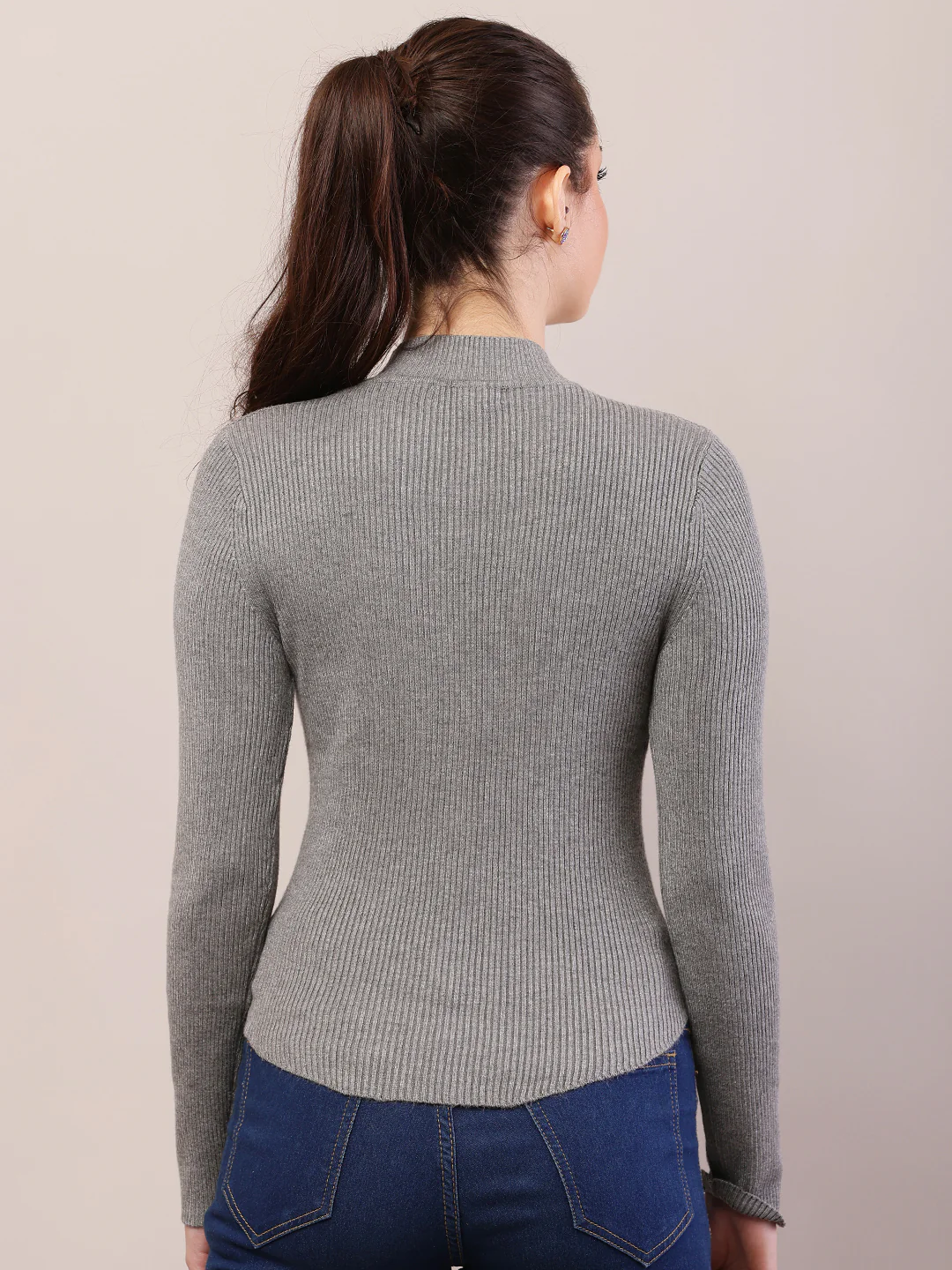 Women grey viscose turtle neck ribbed sweater - Image 4