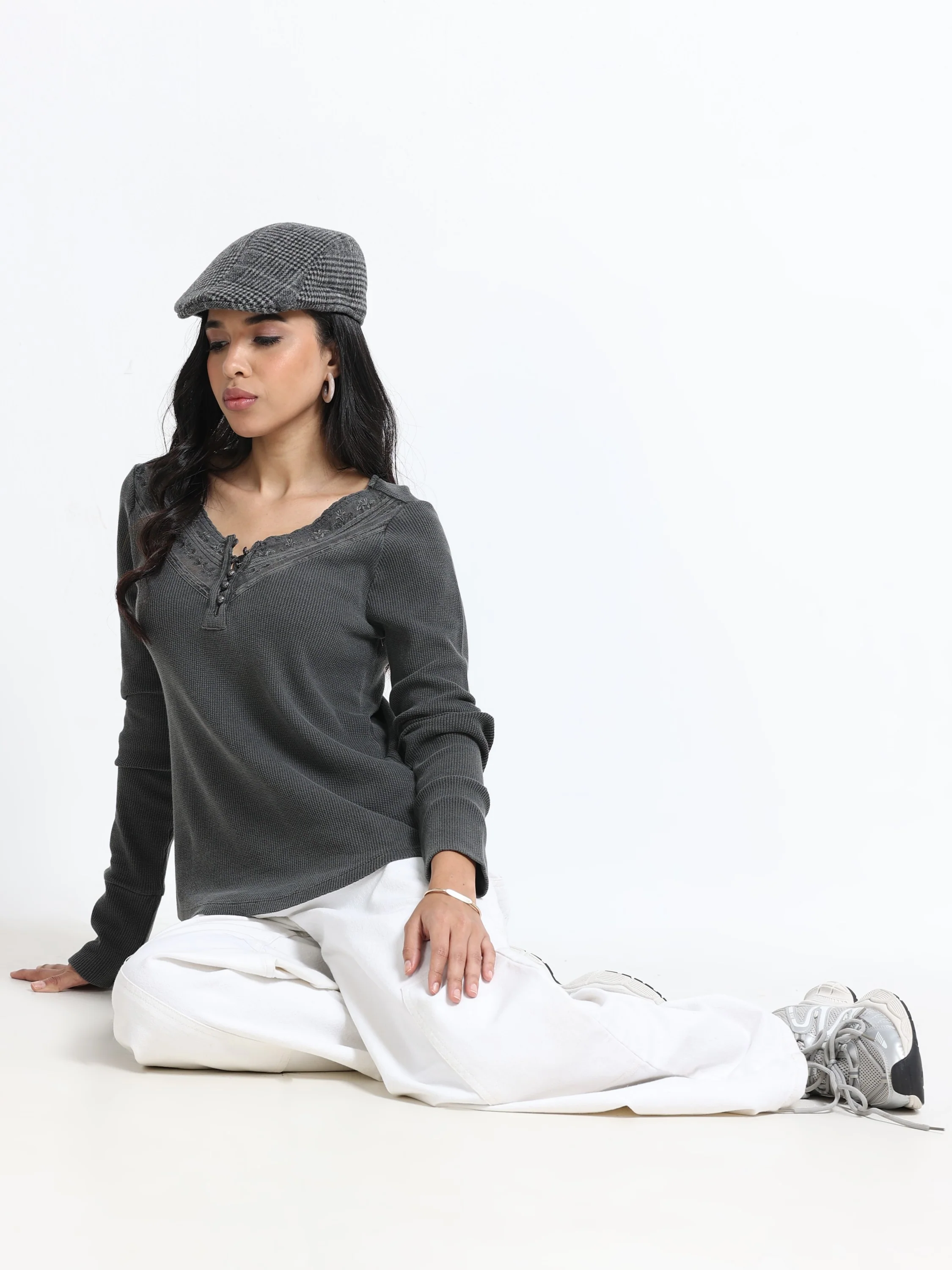 Women Grey Washed Embroidery Top - Image 2