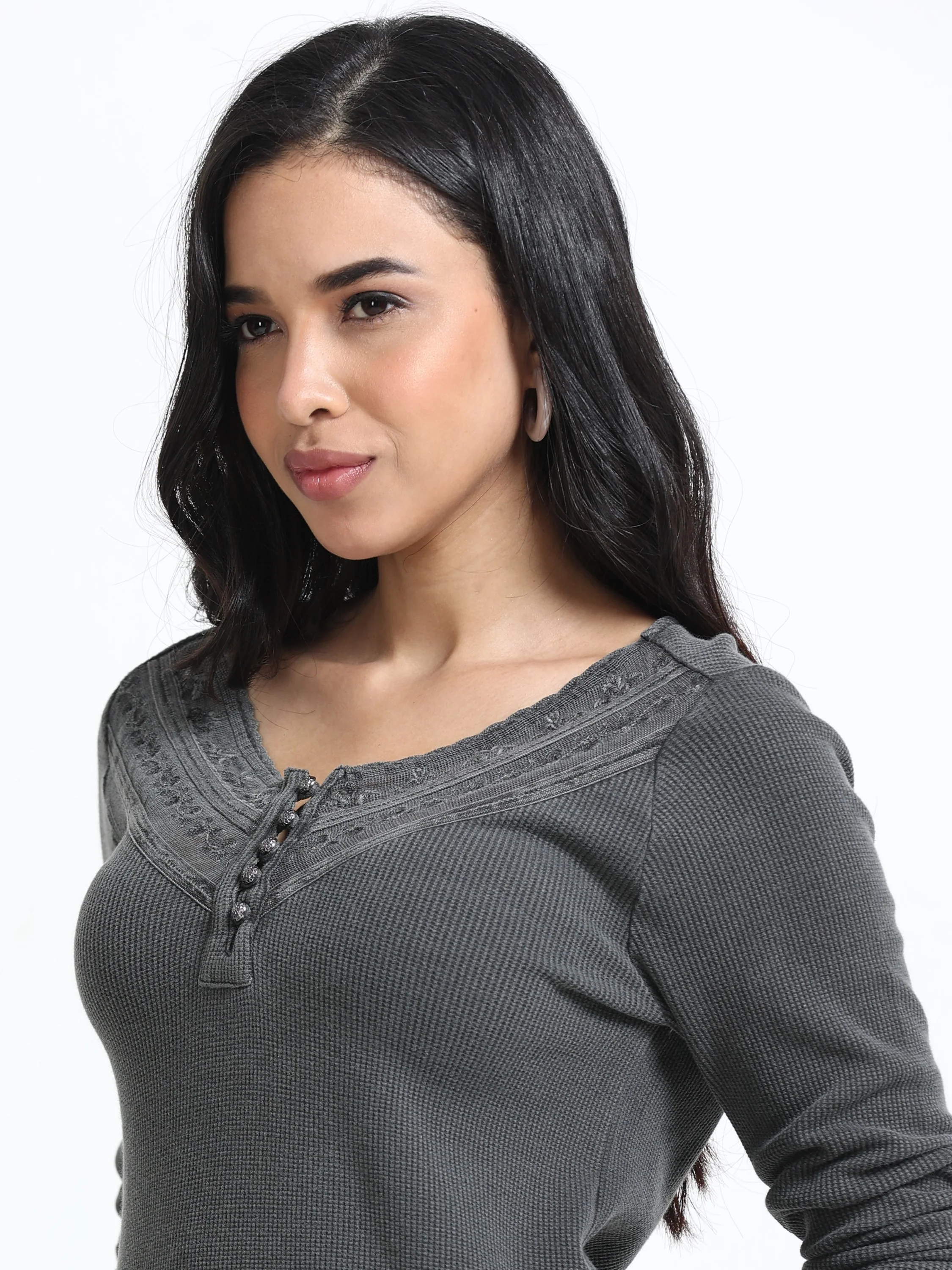 Women Grey Washed Embroidery Top - Image 3