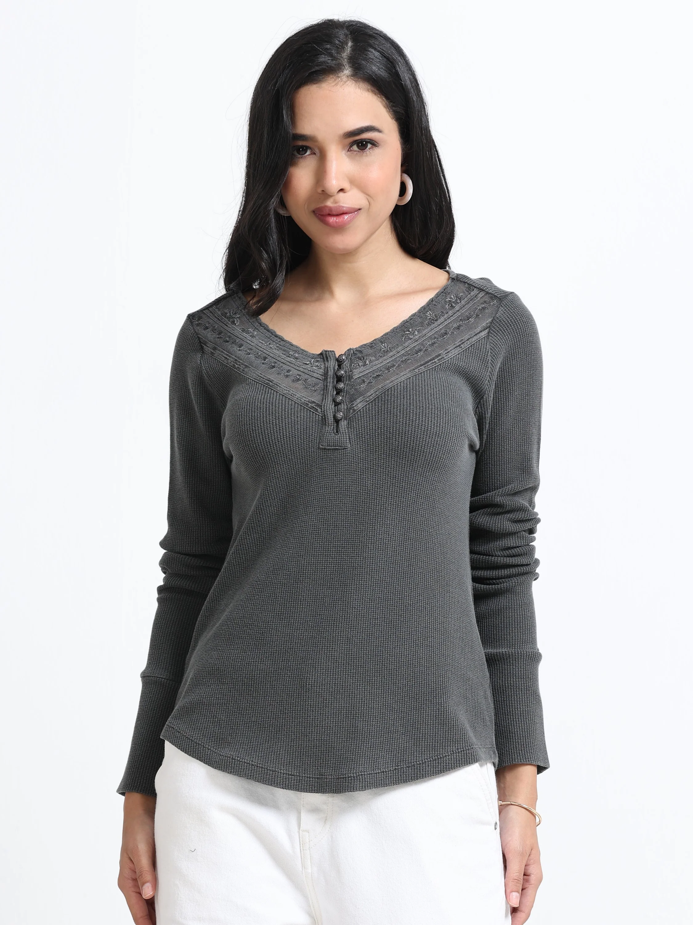 Women Grey Washed Embroidery Top - Image 5