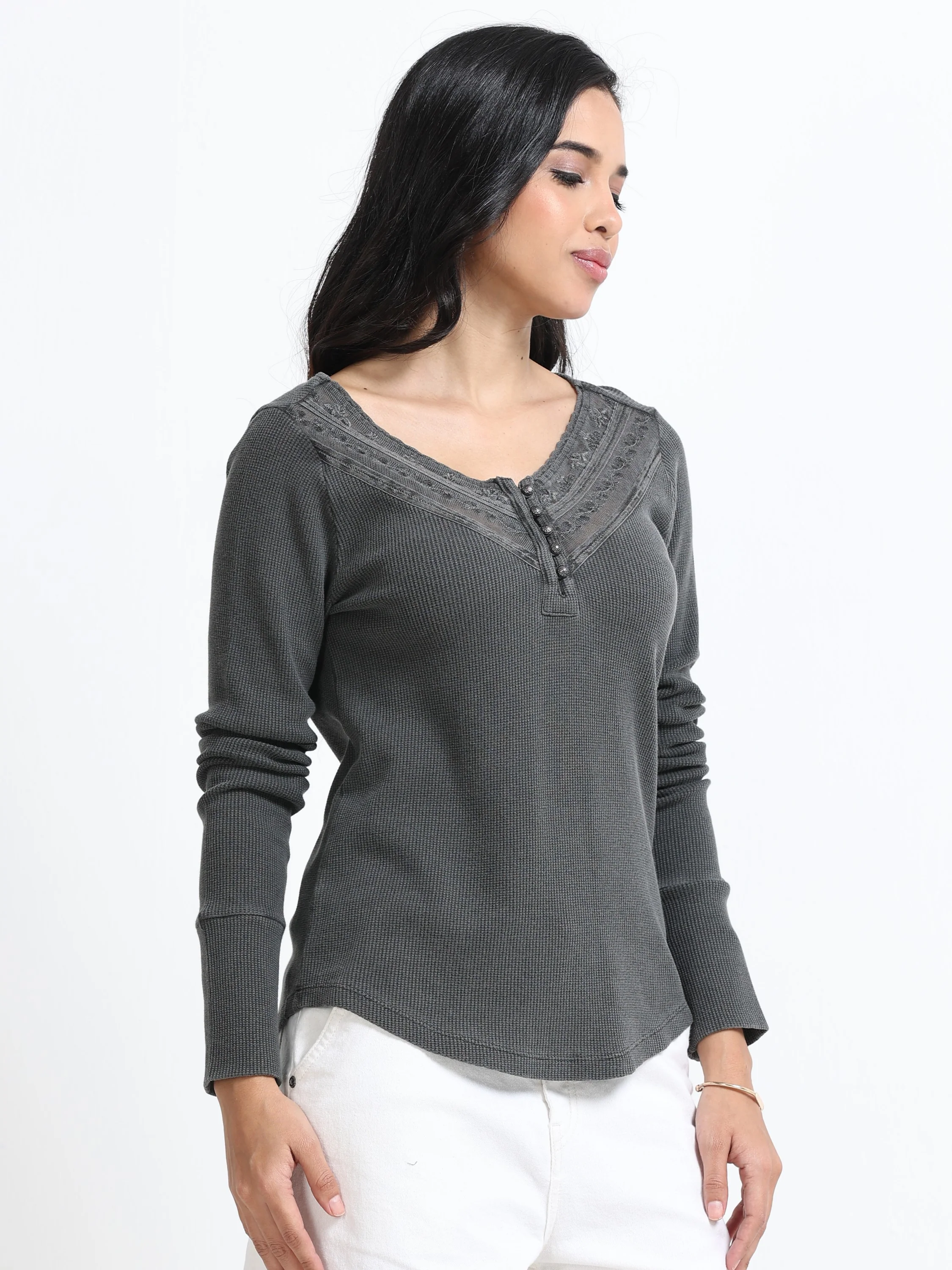 Women Grey Washed Embroidery Top - Image 6