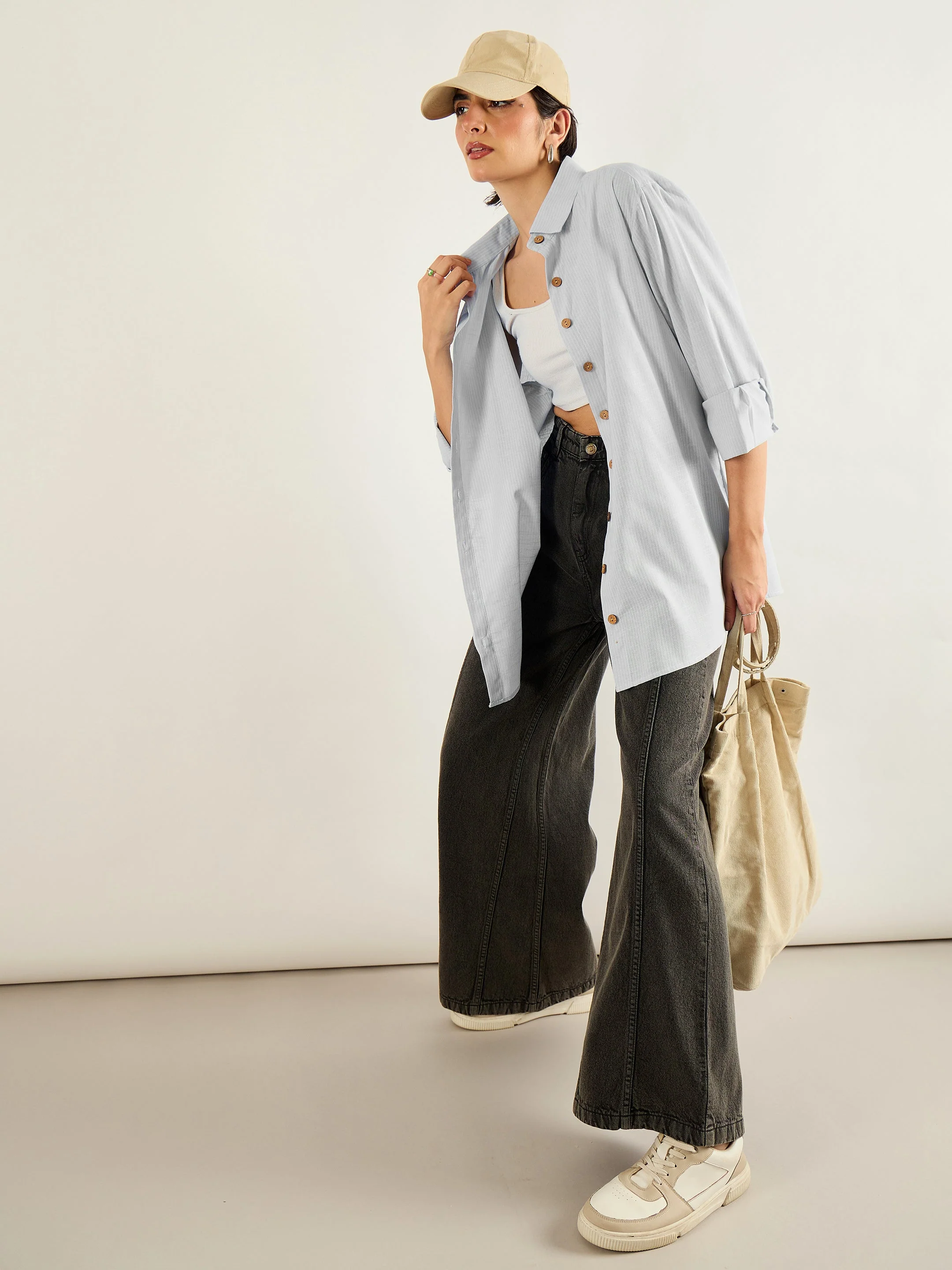 Women Grey & White Penny Stripes Oversized Shirt - Image 2