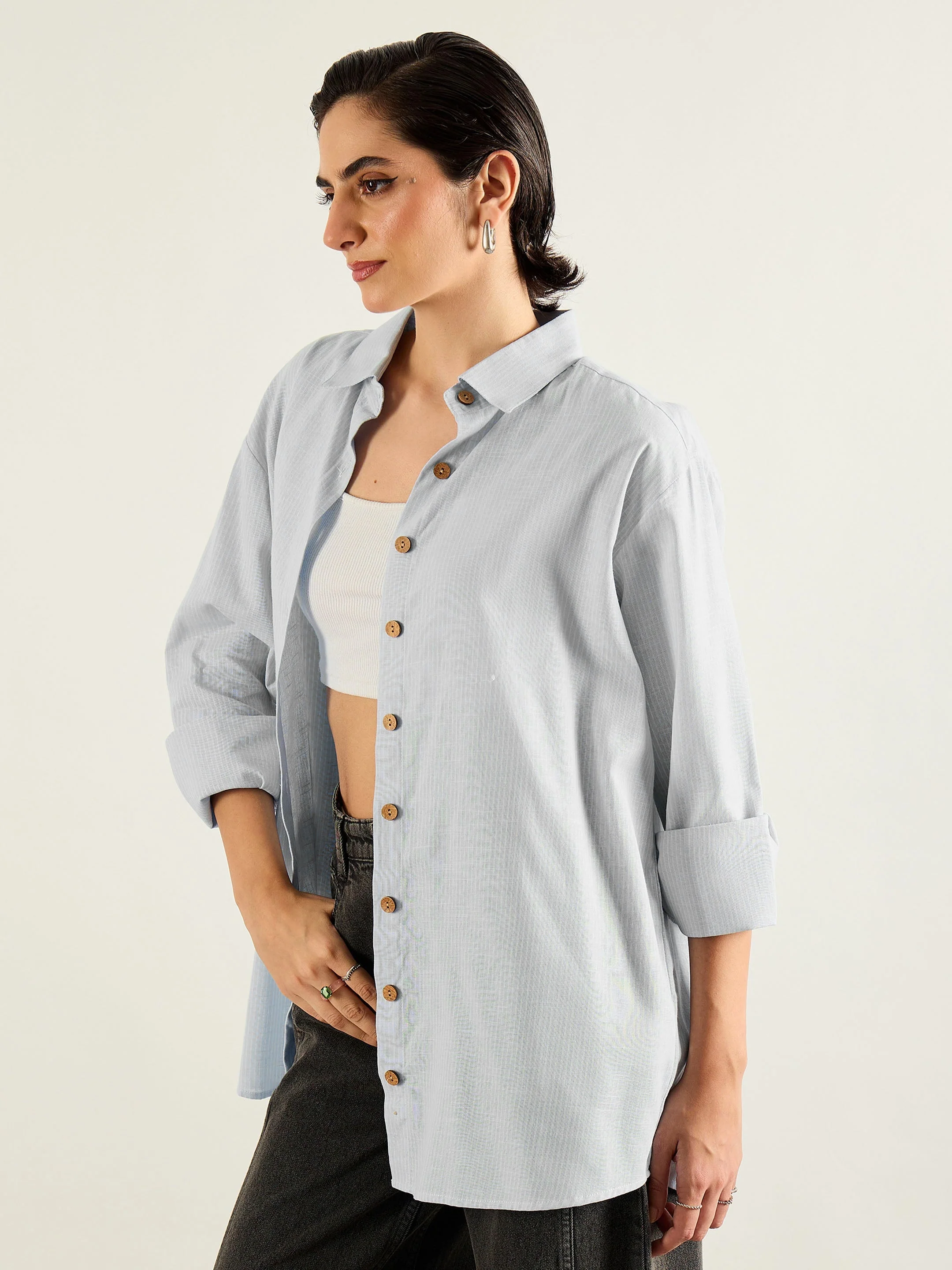 Women Grey & White Penny Stripes Oversized Shirt - Image 3