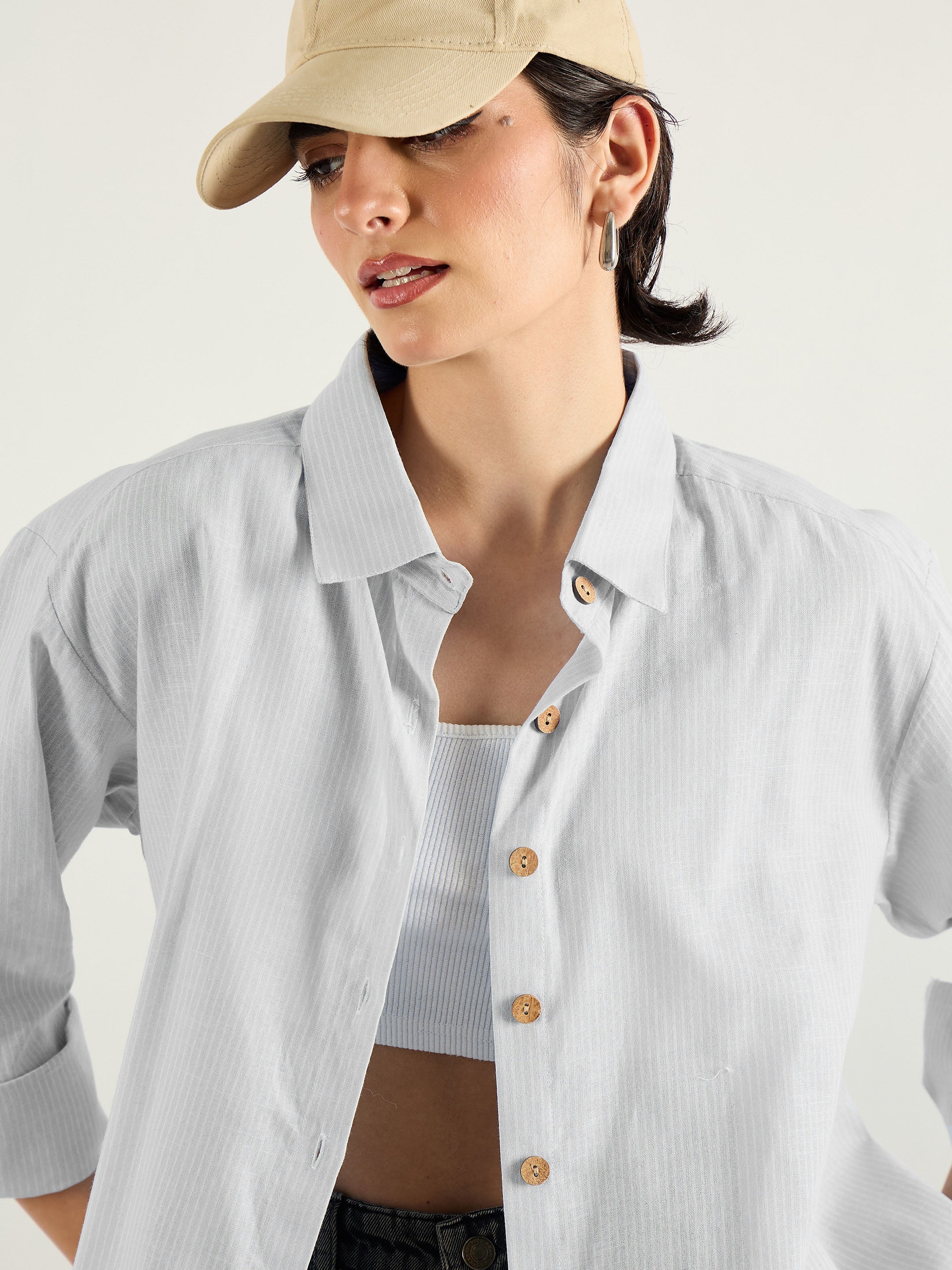 Women Grey & White Penny Stripes Oversized Shirt - Image 4