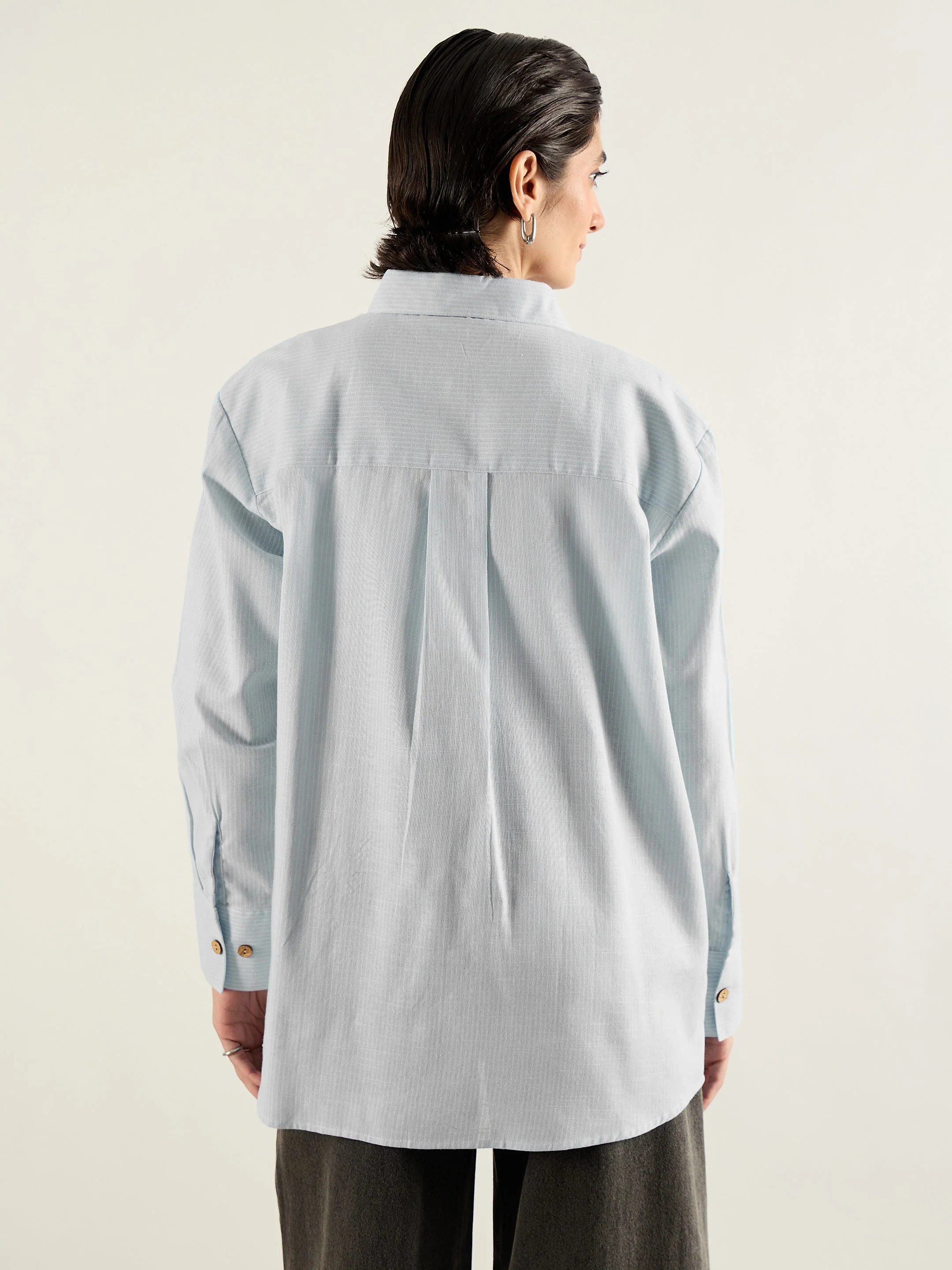 Women Grey & White Penny Stripes Oversized Shirt - Image 5