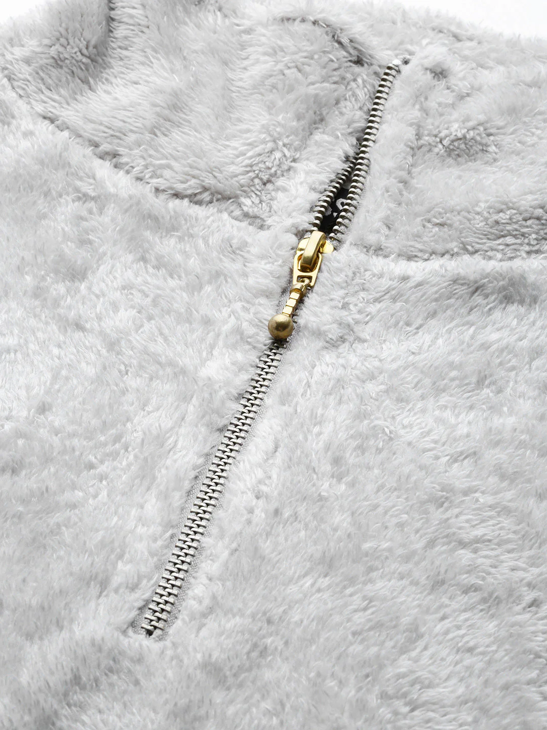 Women Grey Zip Front Faux Fur Crop Sweatshirt - Image 5