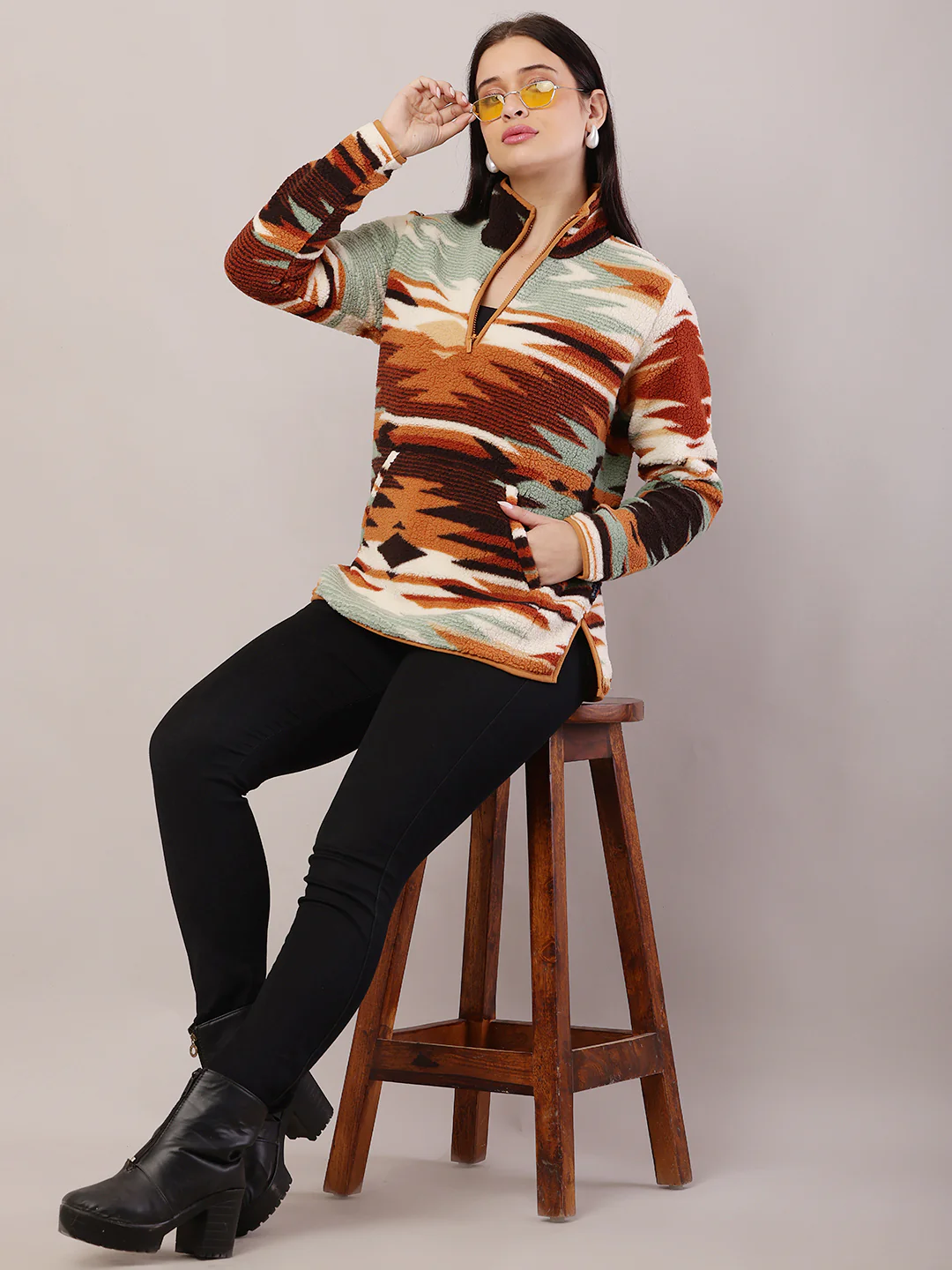 Women High-Neck Ethnic Print Sweatshirt - Image 3