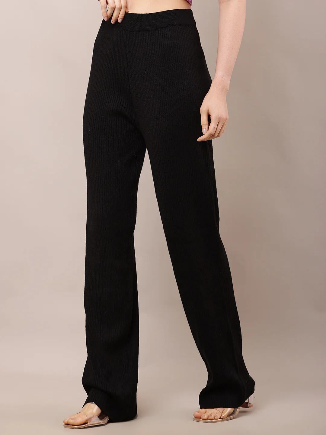 Women High-Rise Black Ribbed Acrylic Winter Trousers - Image 2