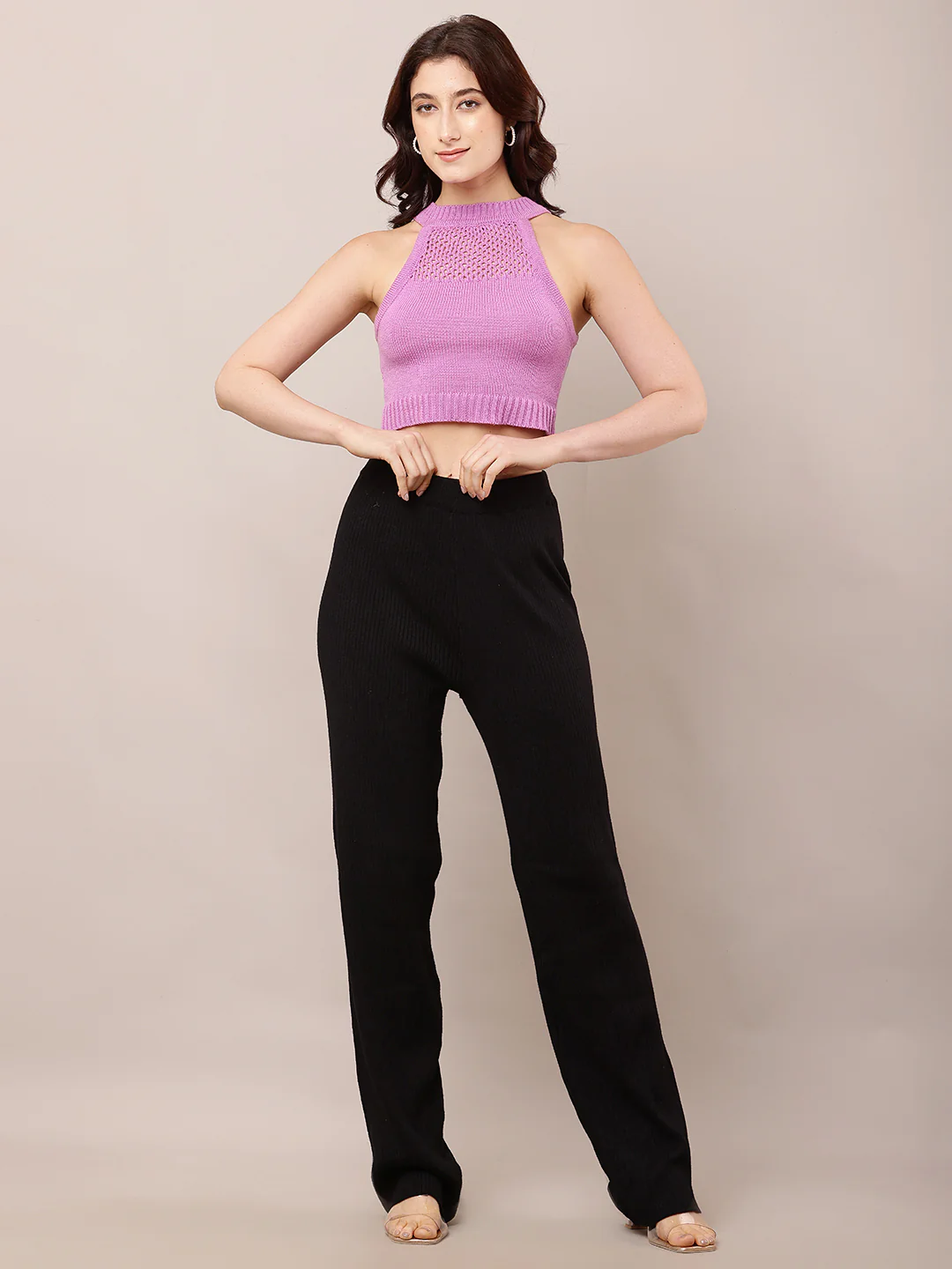 Women High-Rise Black Ribbed Acrylic Winter Trousers - Image 3