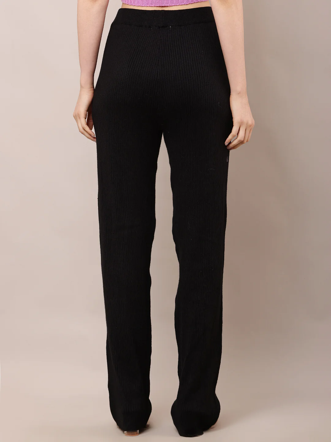 Women High-Rise Black Ribbed Acrylic Winter Trousers - Image 4