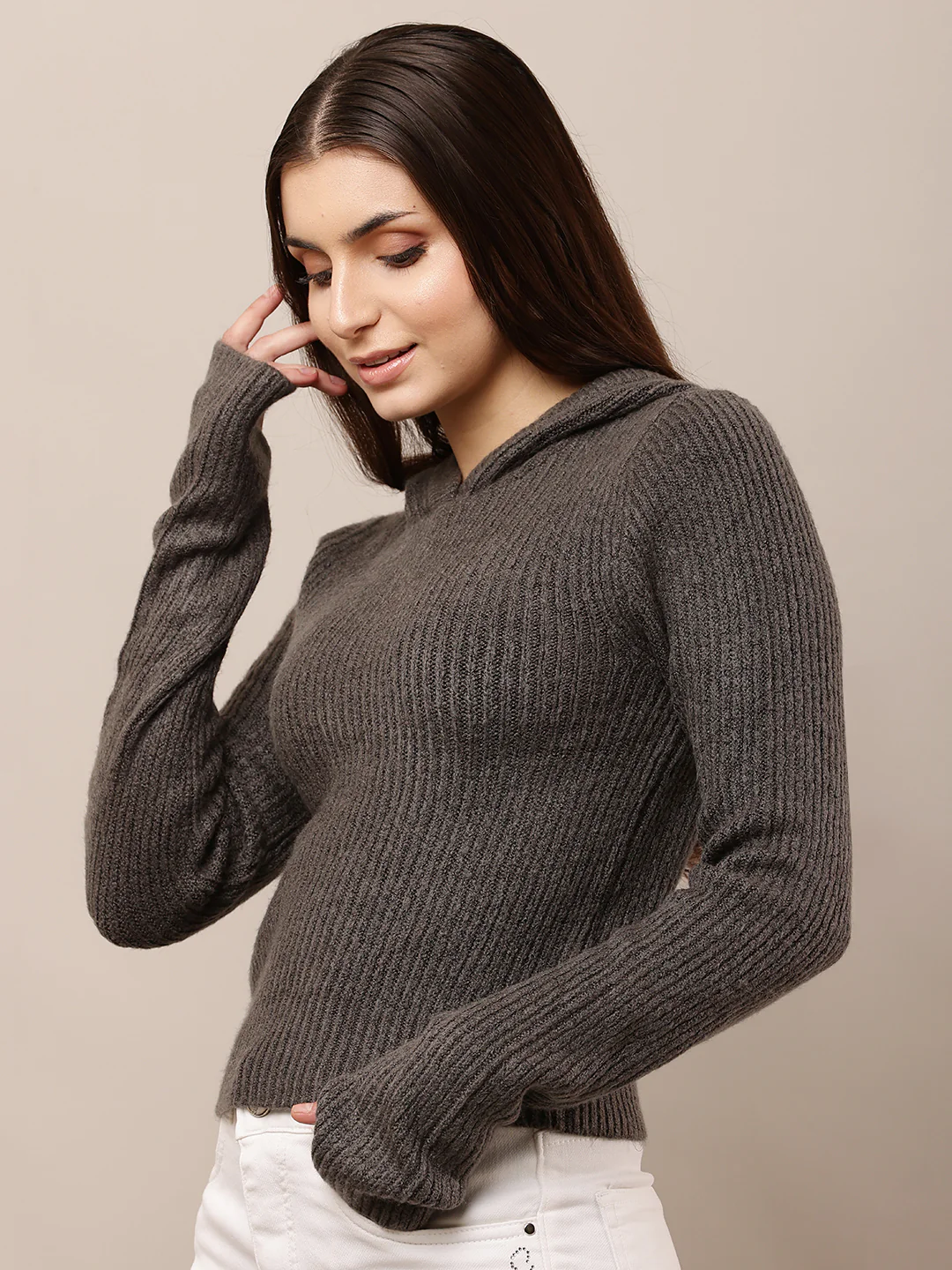 Women Hooded Grey Full Sleeve Sweater - Image 2