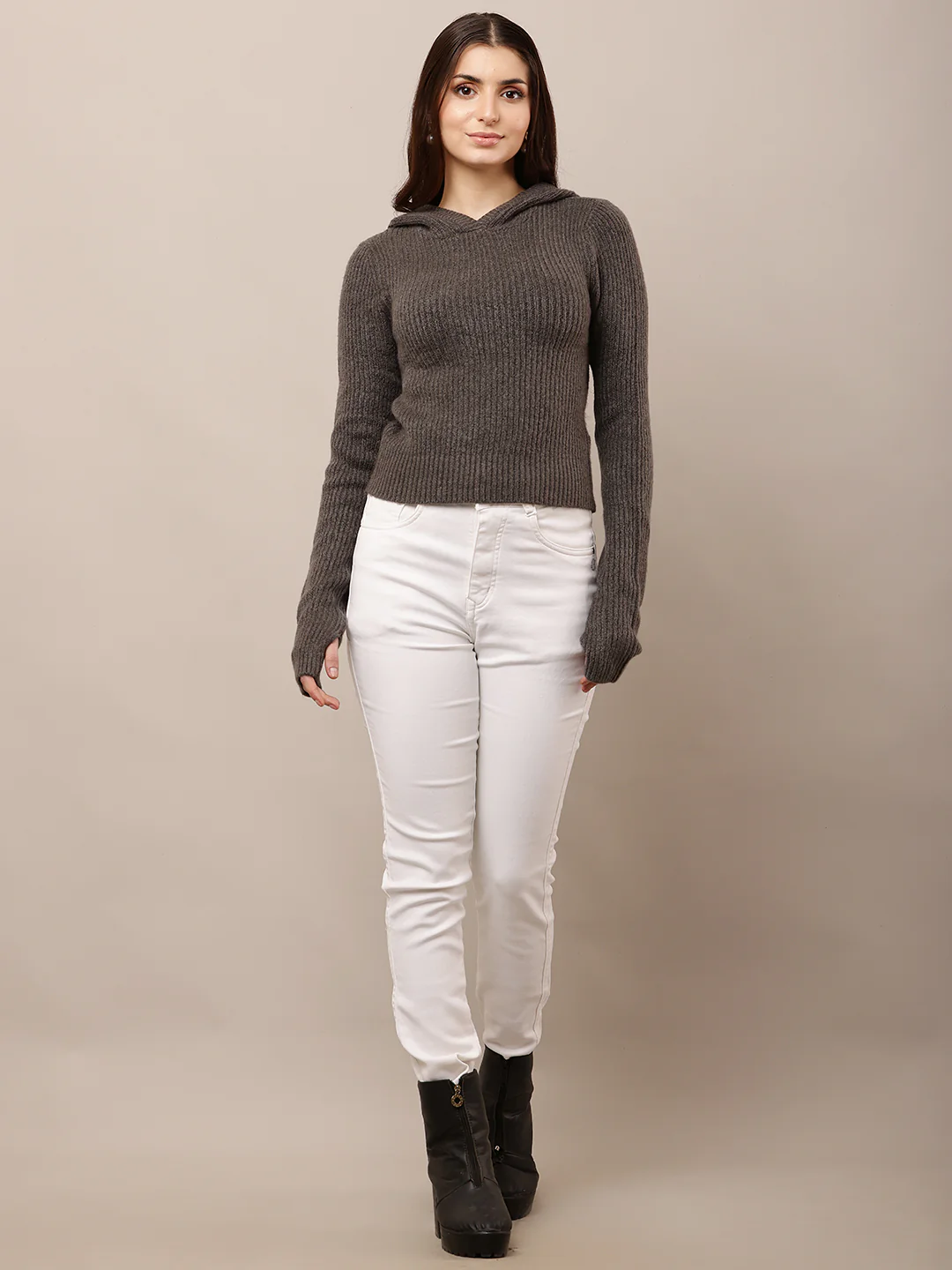 Women Hooded Grey Full Sleeve Sweater - Image 3