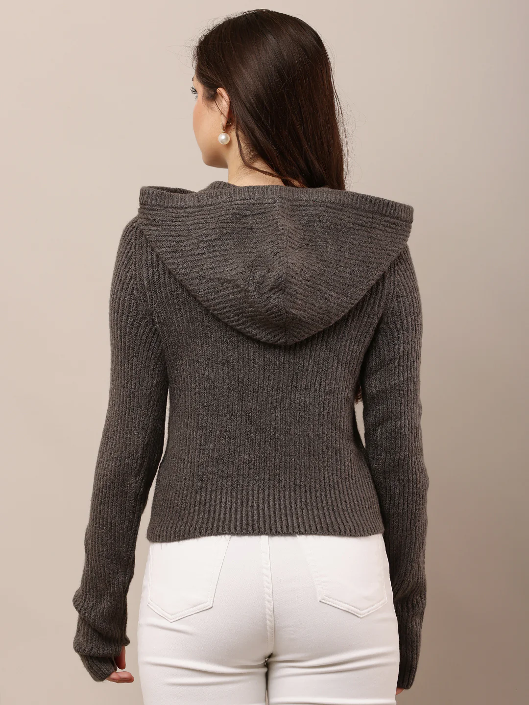 Women Hooded Grey Full Sleeve Sweater - Image 4