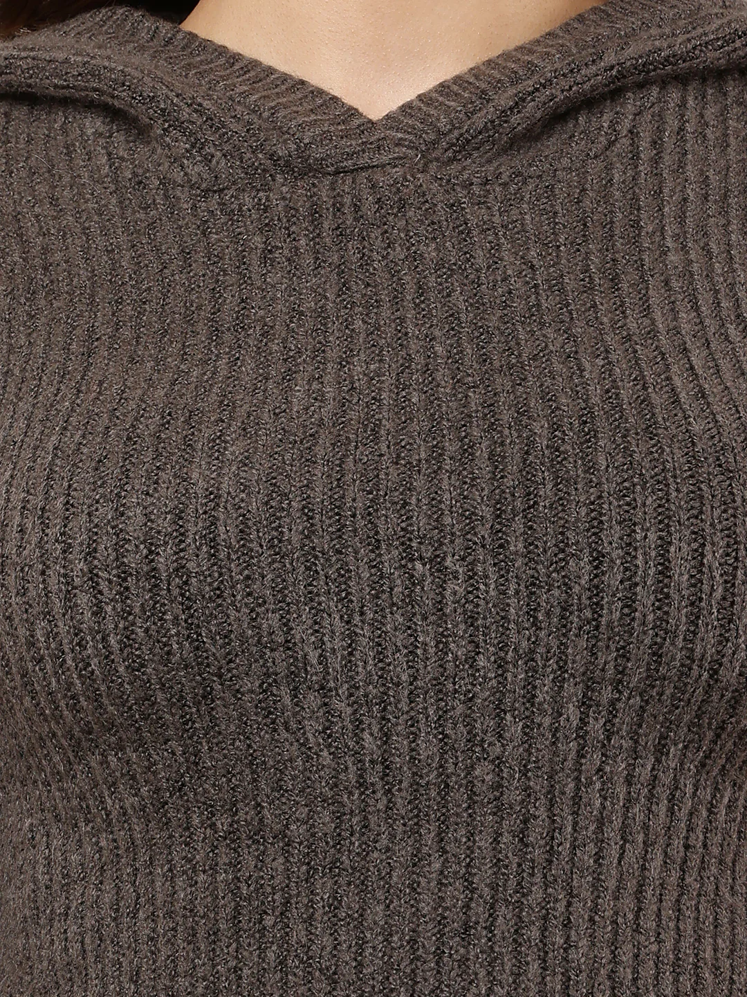 Women Hooded Grey Full Sleeve Sweater - Image 5