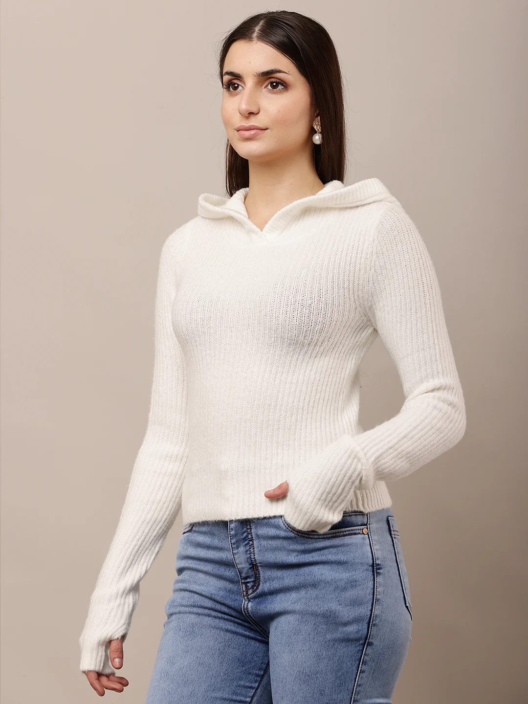 Women Hooded White Full Sleeve Sweater - Image 2