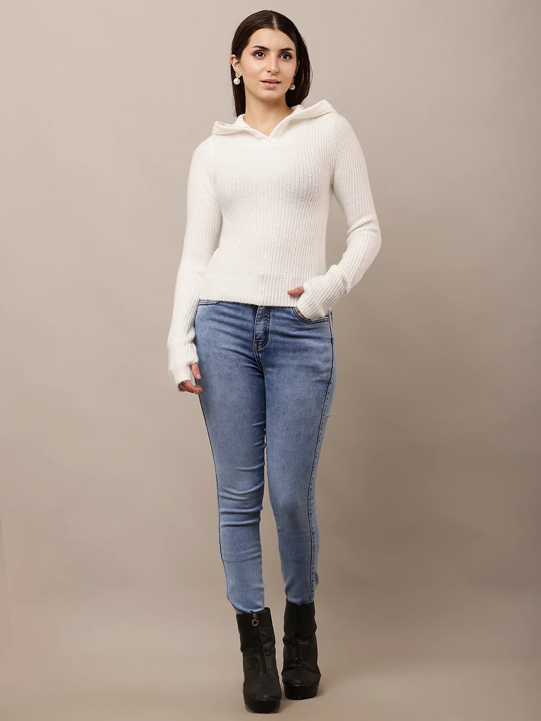 Women Hooded White Full Sleeve Sweater - Image 3