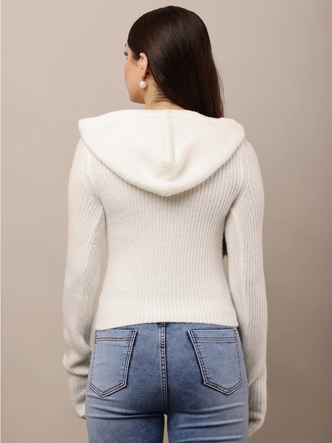 Women Hooded White Full Sleeve Sweater - Image 4