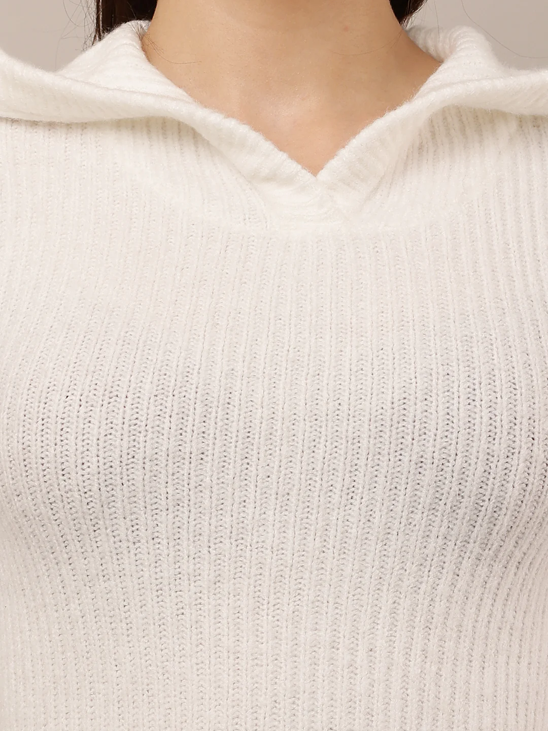Women Hooded White Full Sleeve Sweater - Image 5