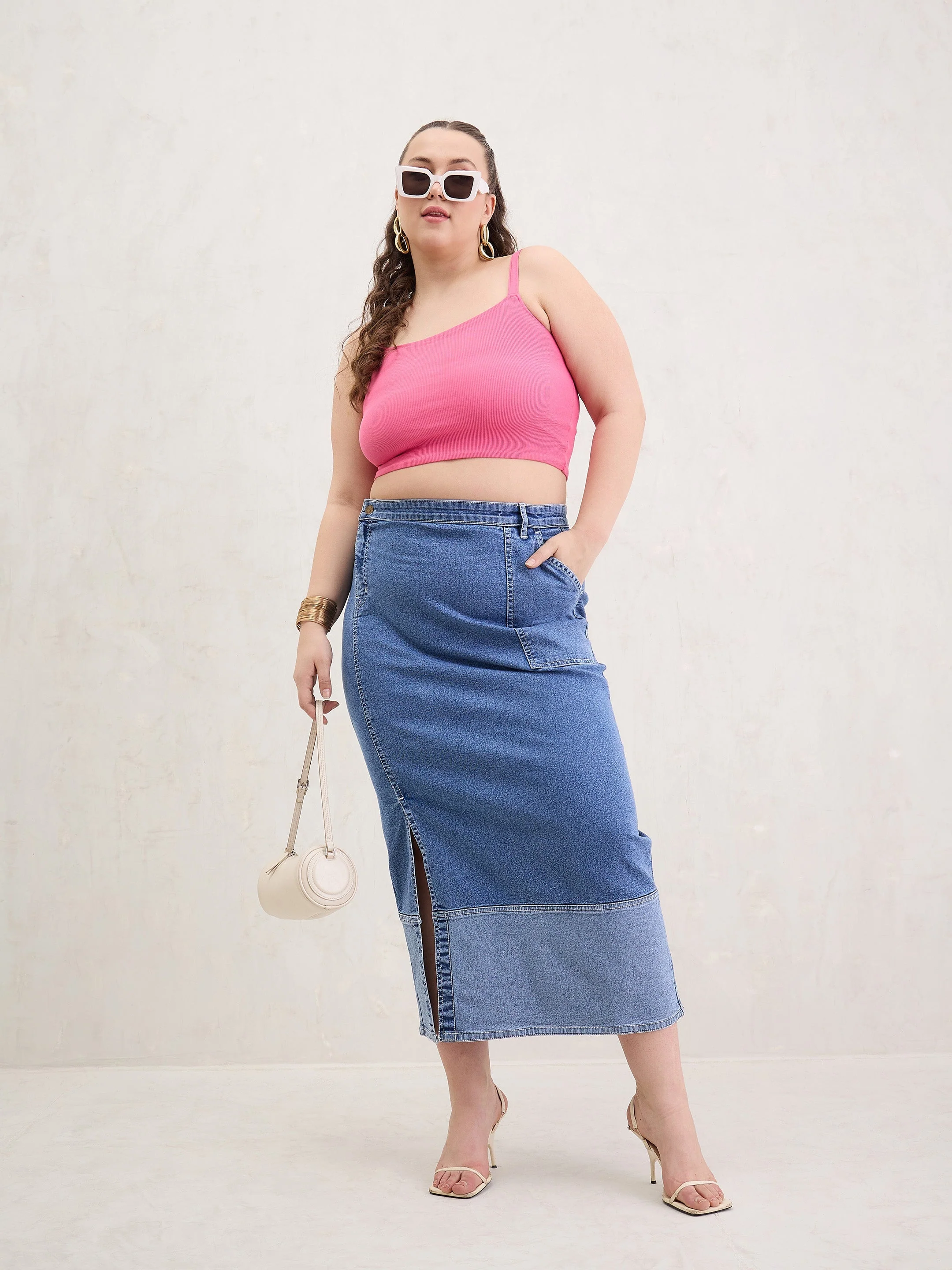 Women Ice Blue Denim Side Slit Skirt - Image 2