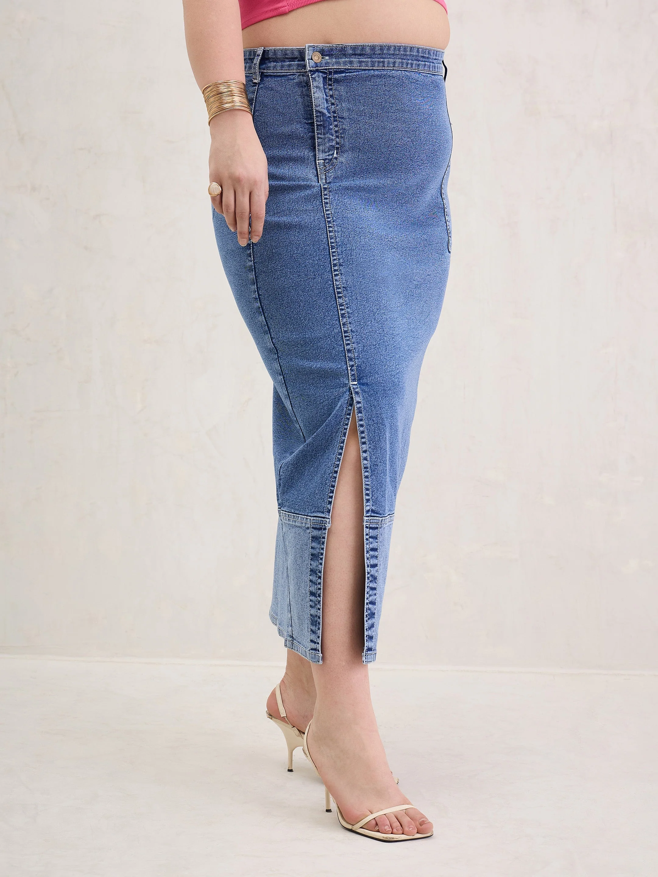 Women Ice Blue Denim Side Slit Skirt - Image 3
