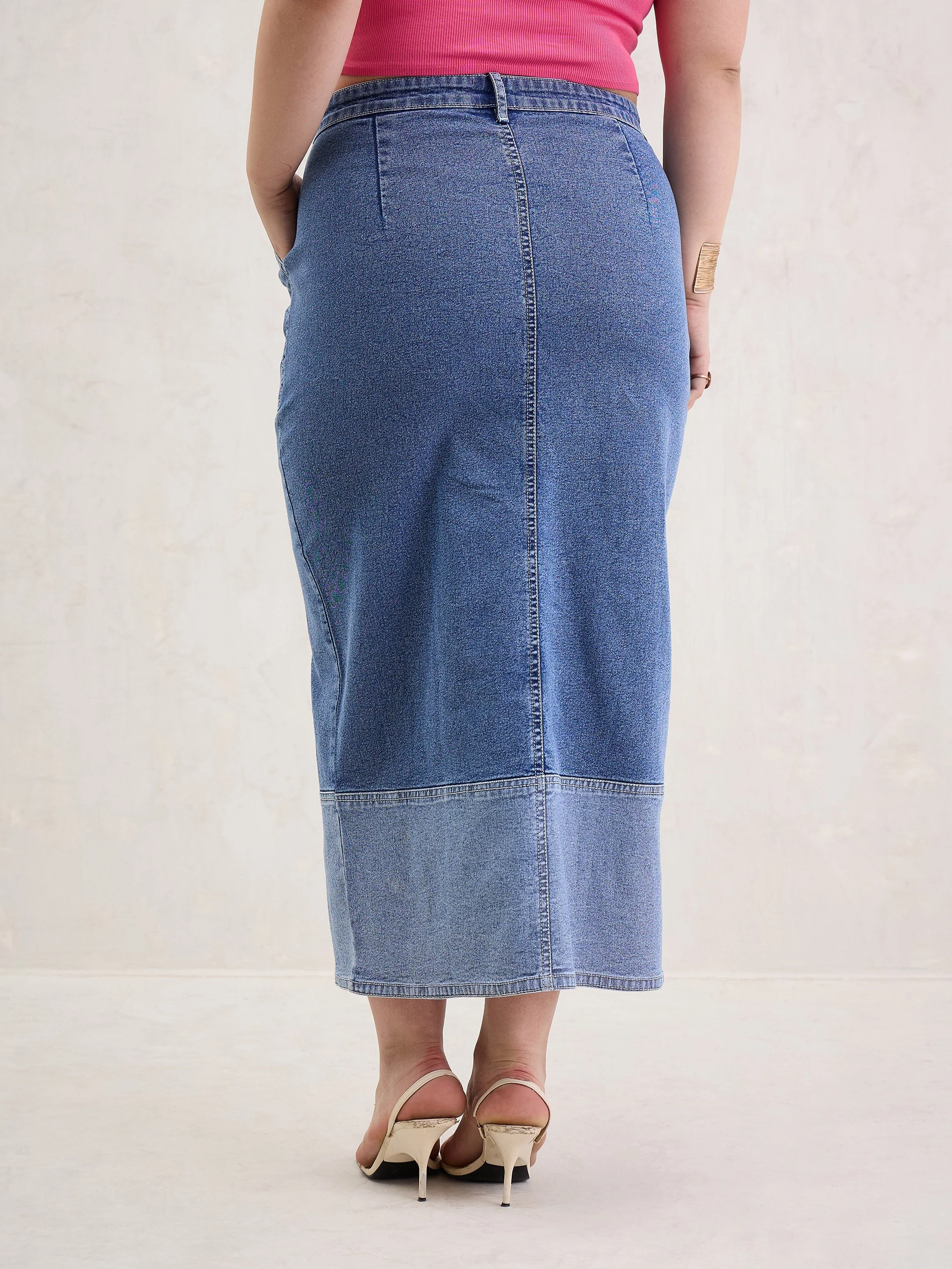 Women Ice Blue Denim Side Slit Skirt - Image 5
