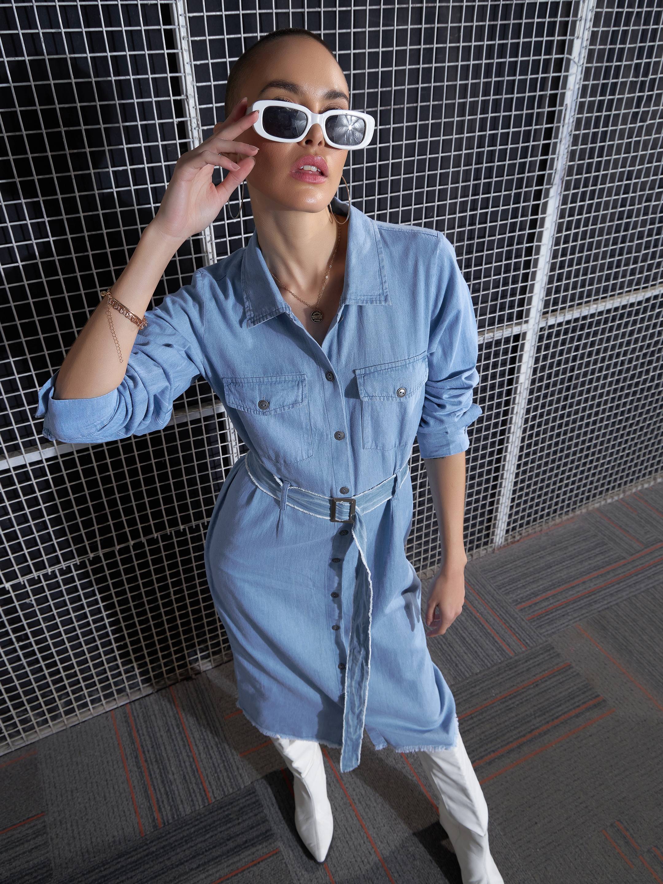Women Ice Blue Raw Edge Pocket Shirt Dress - Image 2