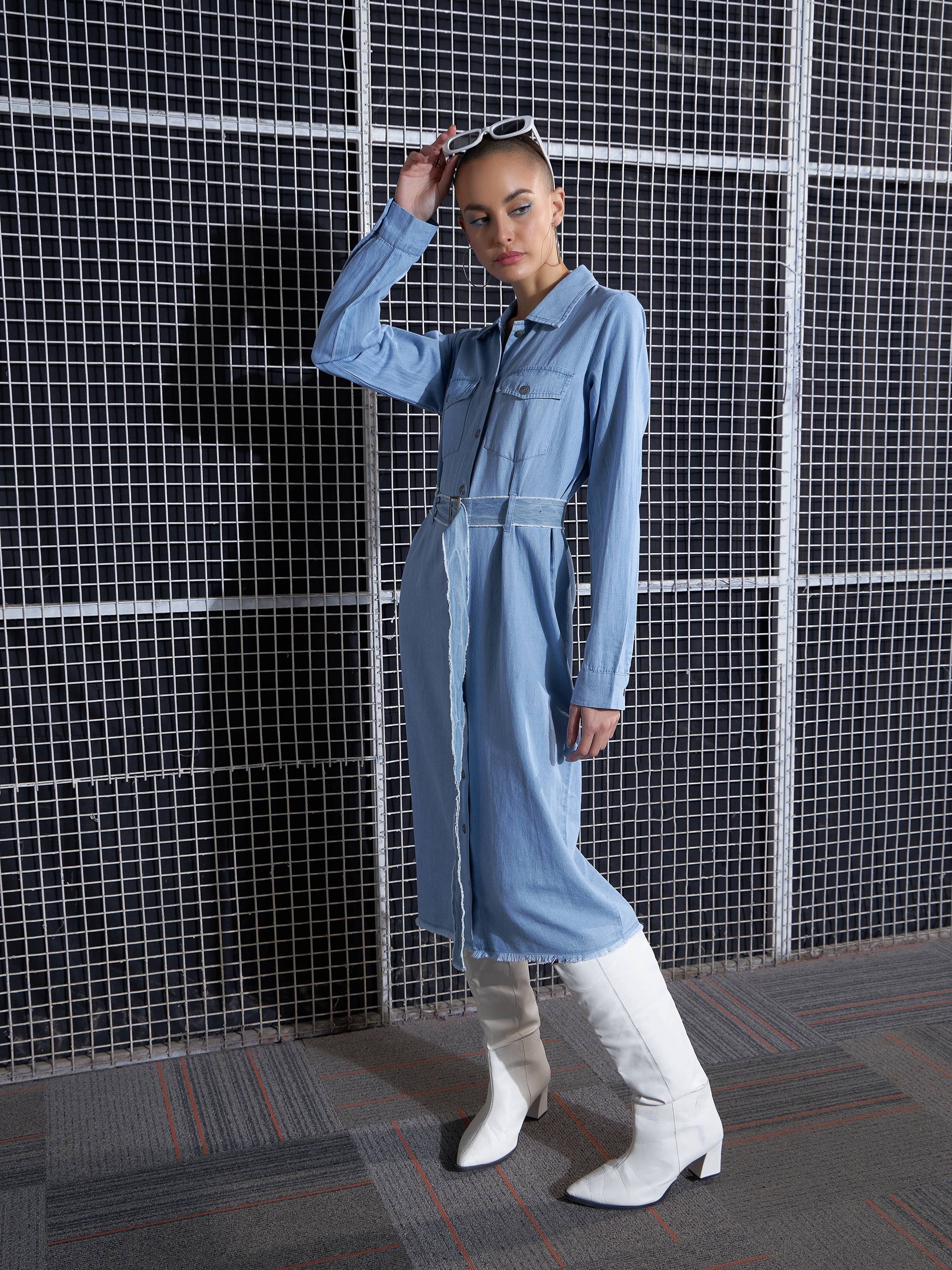 Women Ice Blue Raw Edge Pocket Shirt Dress - Image 3