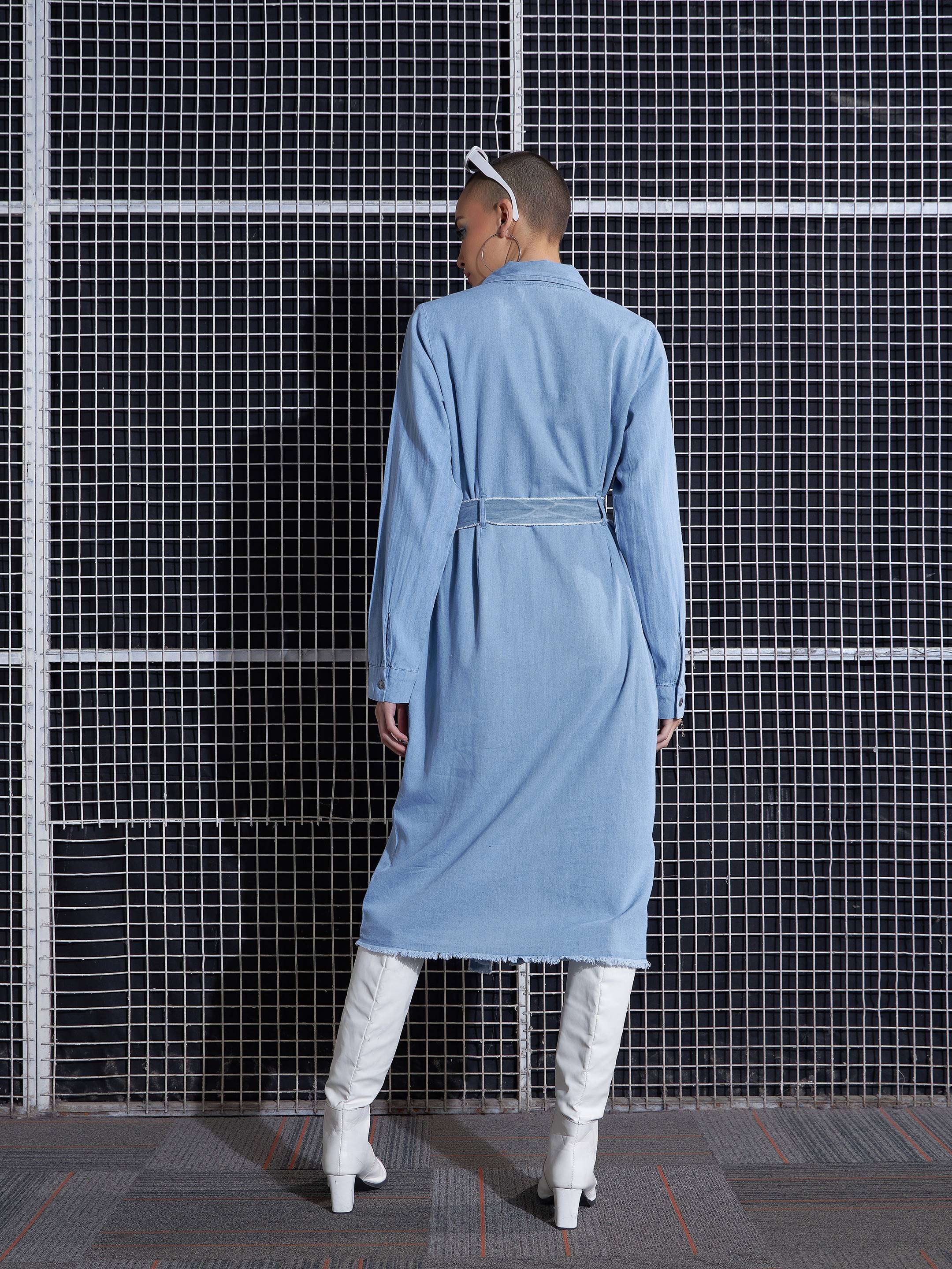 Women Ice Blue Raw Edge Pocket Shirt Dress - Image 5
