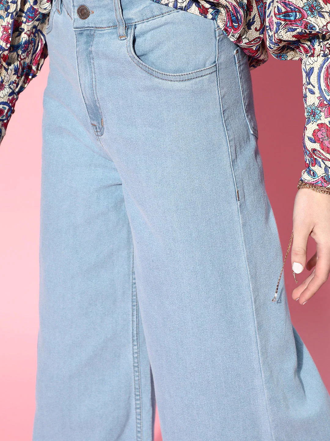 Women Ice Blue Wide Leg Flared Jeans - Image 3