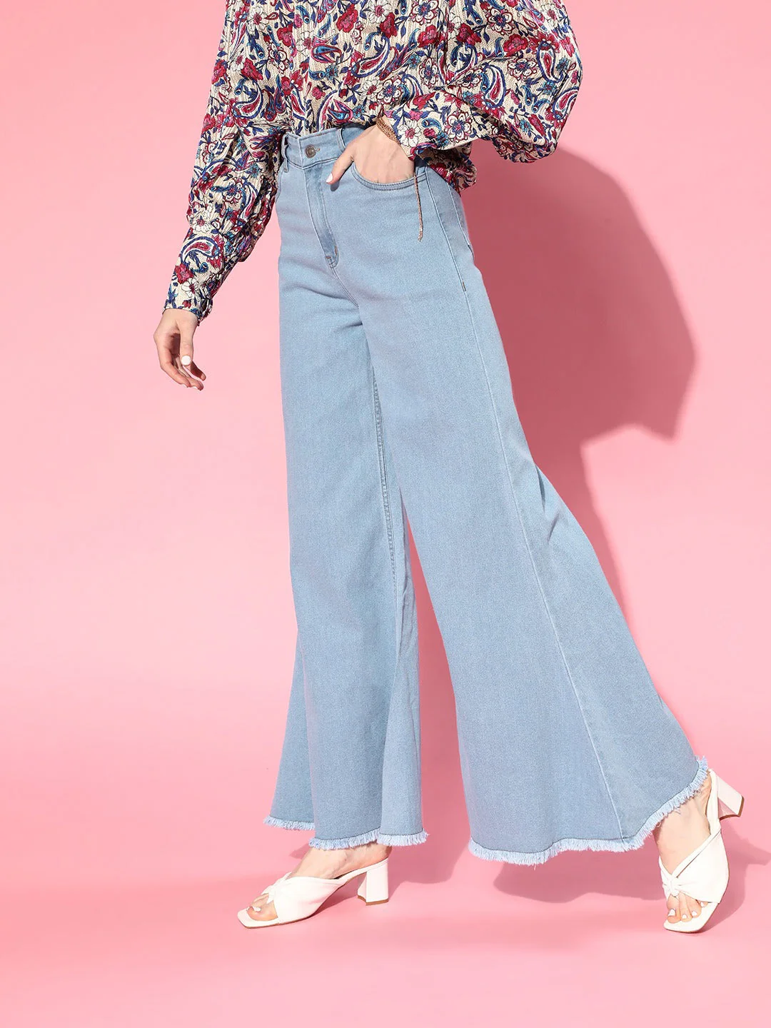 Women Ice Blue Wide Leg Flared Jeans - Image 4